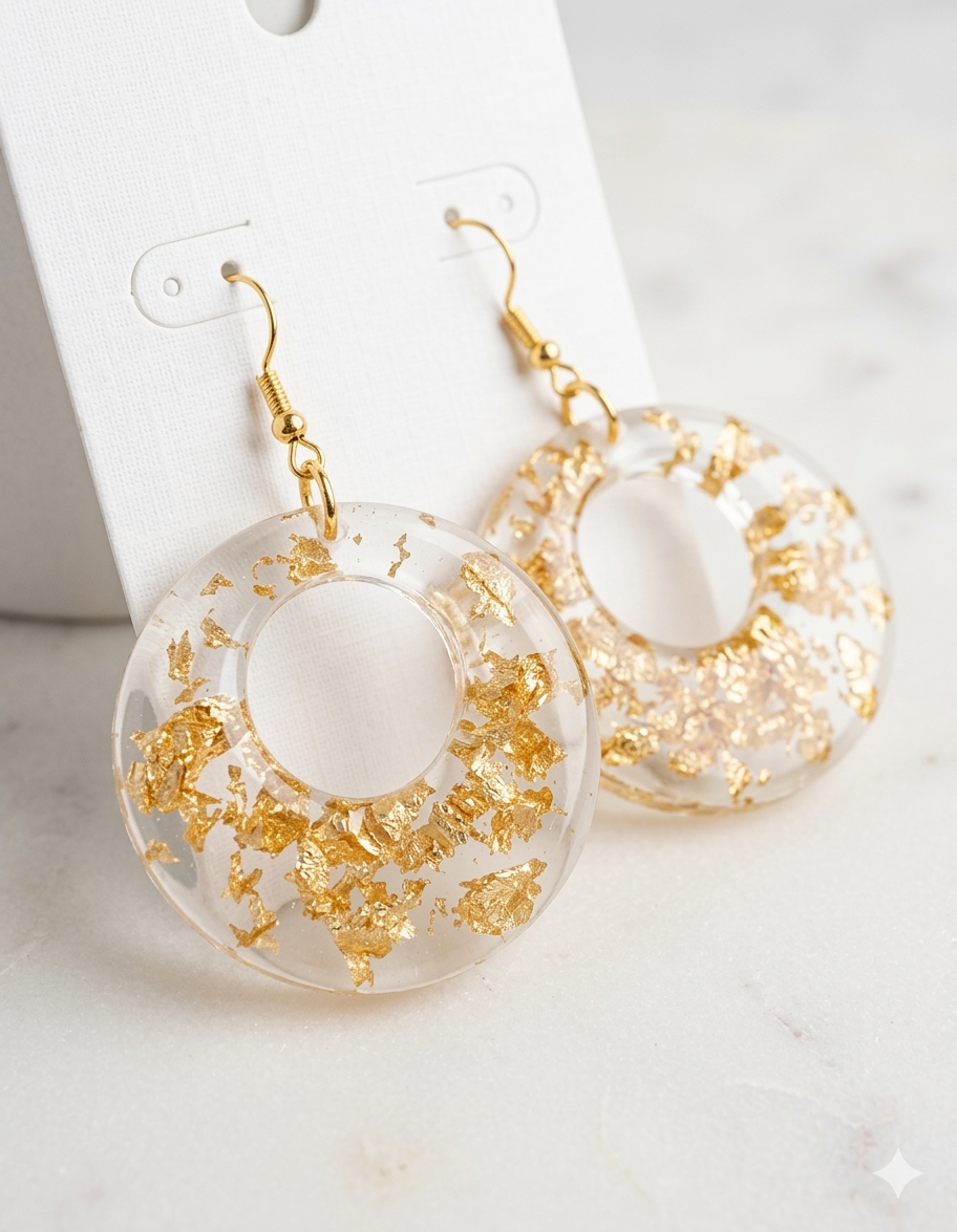 Handcrafted Clear Resin Gold Leaf Hoop Earrings – Lightweight Floating Gold Flake Drop Earrings