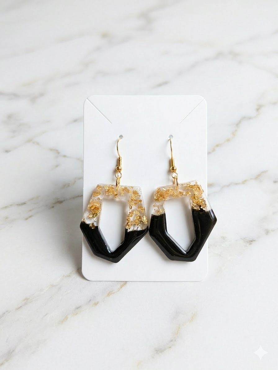 Black and Gold Leaf Resin Geometric Earrings