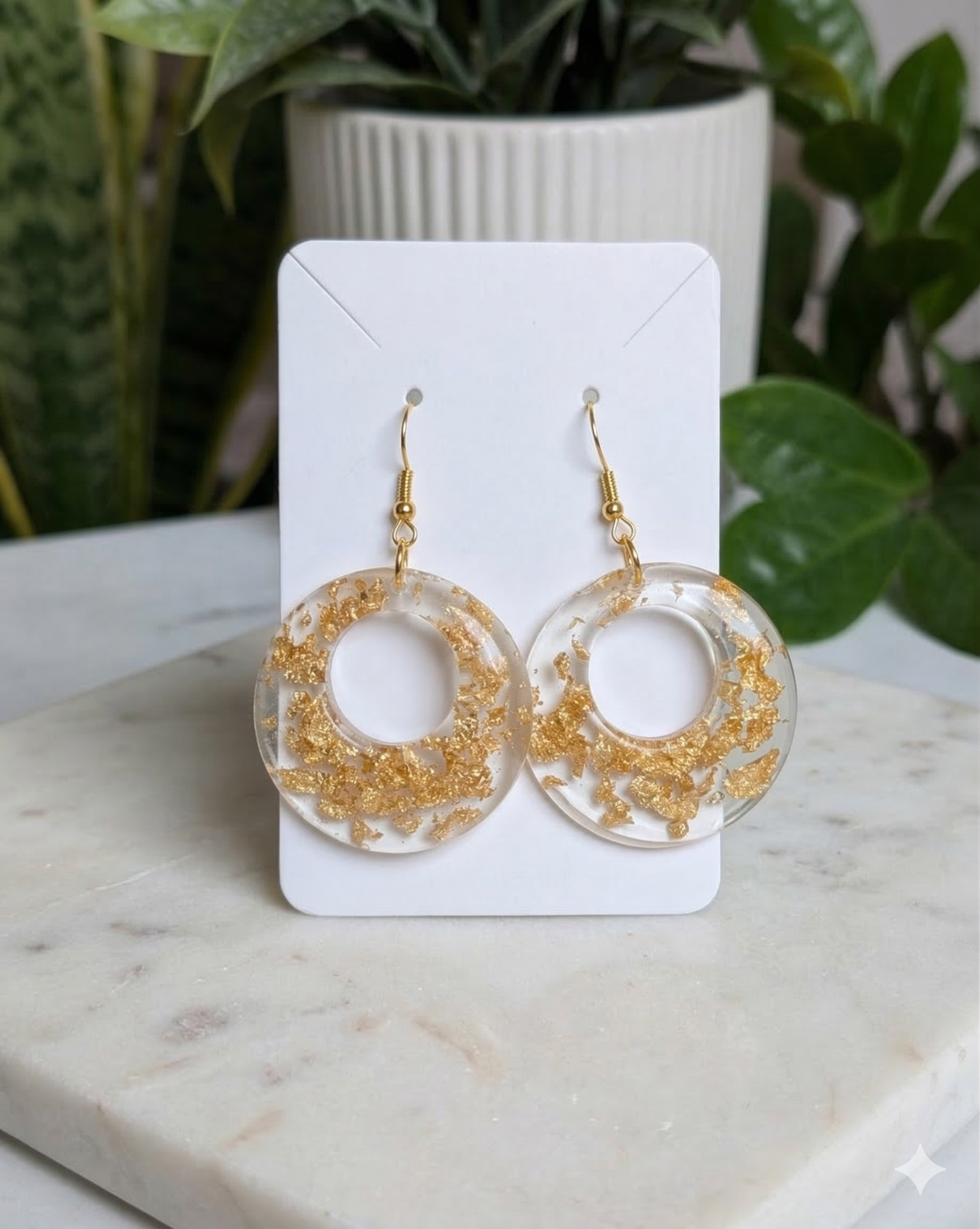 Handcrafted Clear Resin Gold Leaf Hoop Earrings – Lightweight Floating Gold Flake Drop Earrings