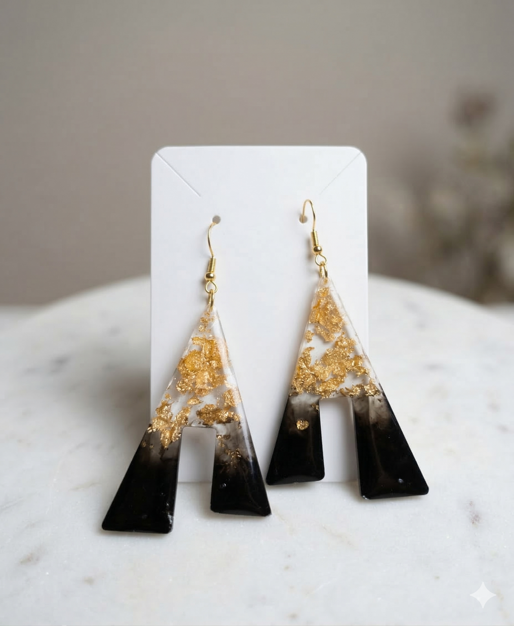 Gold Leaf & Black Resin Geometric Dangle Earrings
