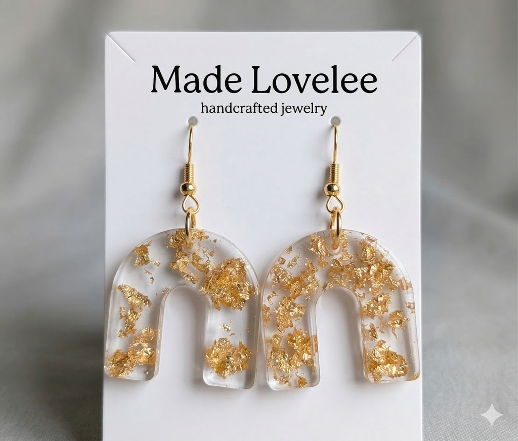 Gold Leaf Arch Earrings | Handmade Clear Resin Dangles | "Made Lovelee" Collection