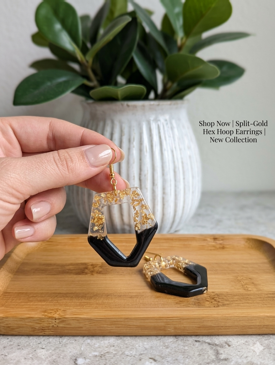 Black and Gold Leaf Resin Geometric Earrings