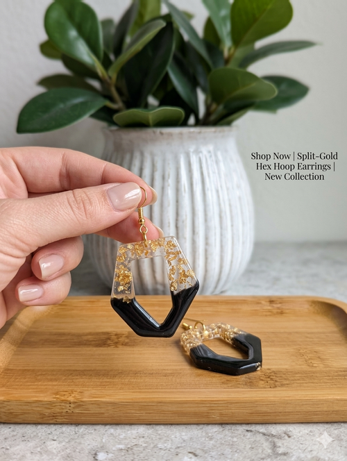 Black and Gold Leaf Resin Geometric Earrings