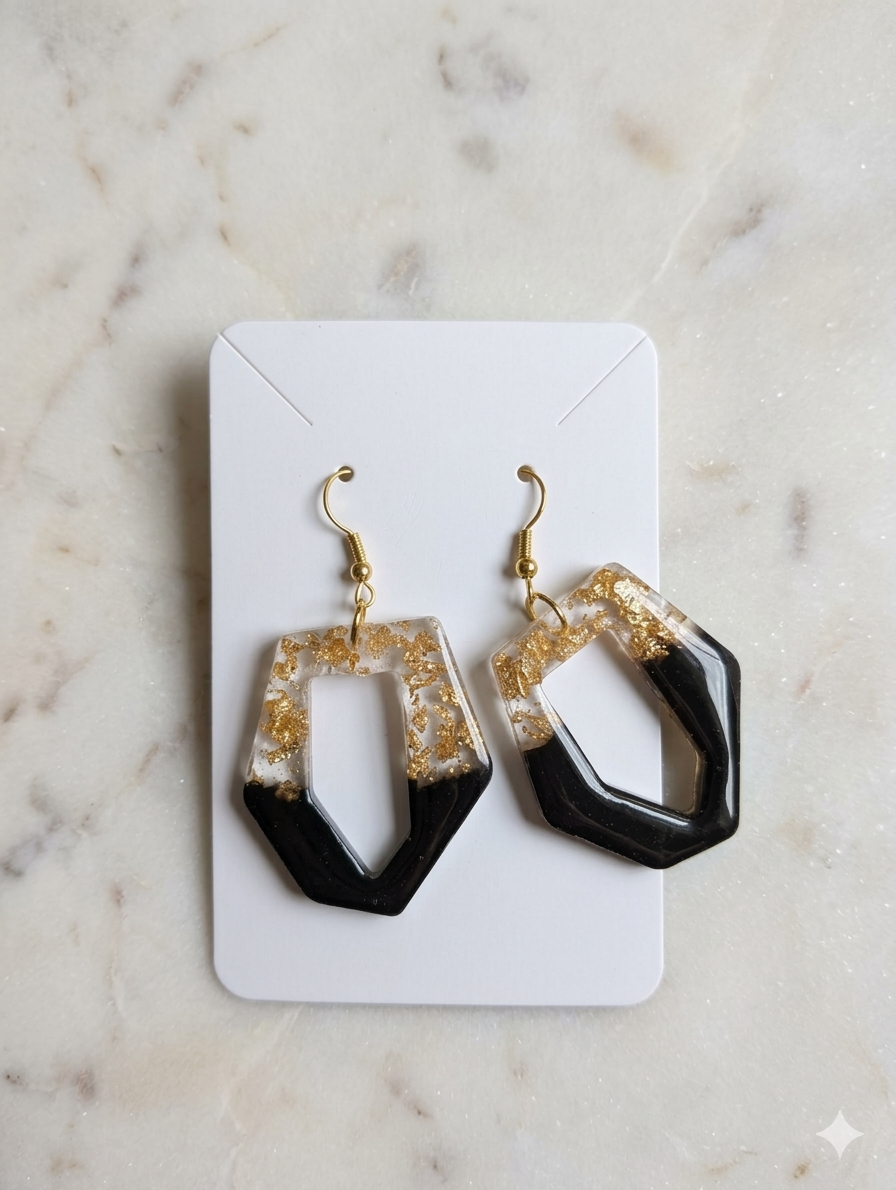 Black and Gold Leaf Resin Geometric Earrings