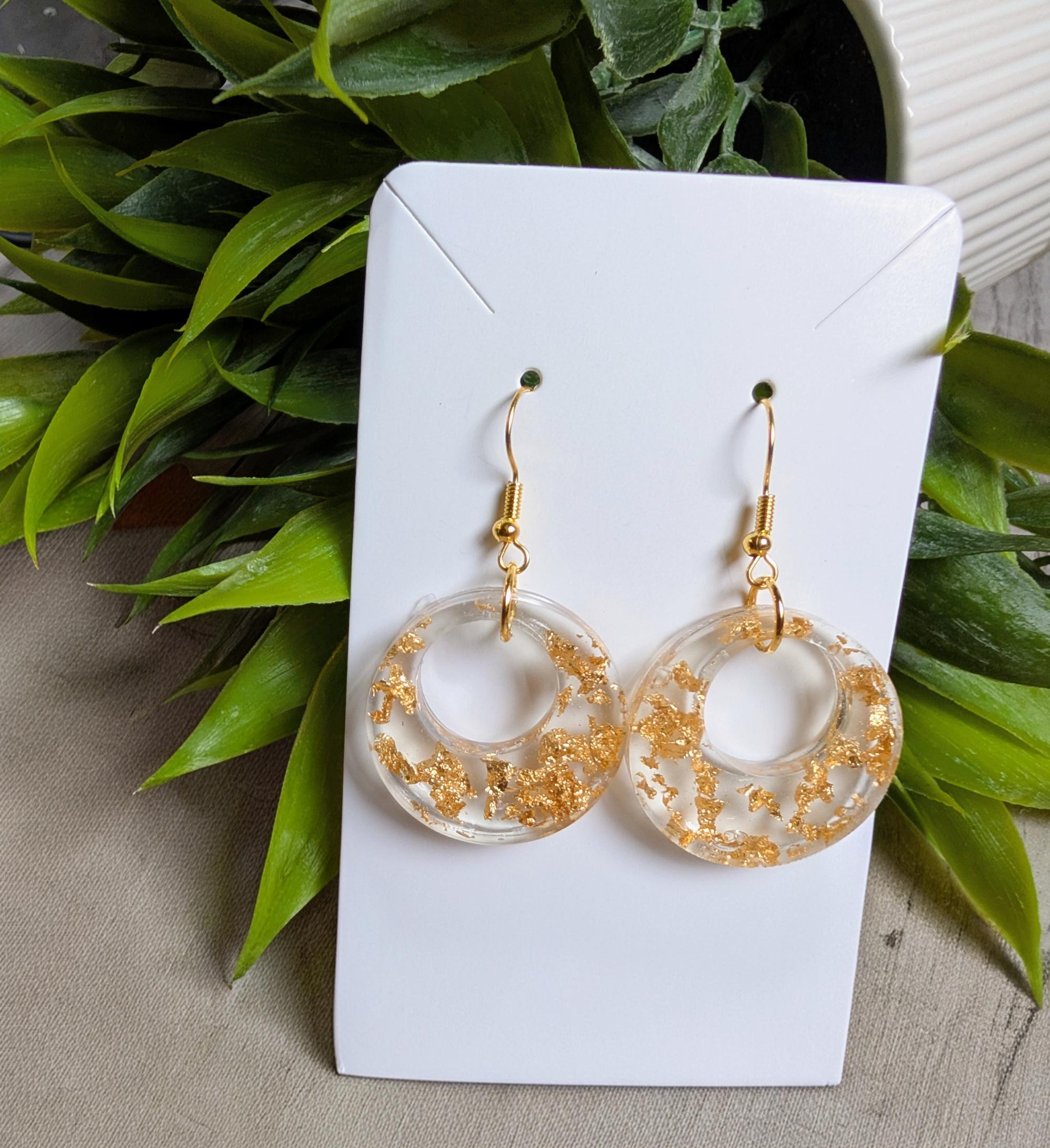 Handcrafted Clear Resin Gold Leaf Hoop Earrings – Lightweight Floating Gold Flake Drop Earrings