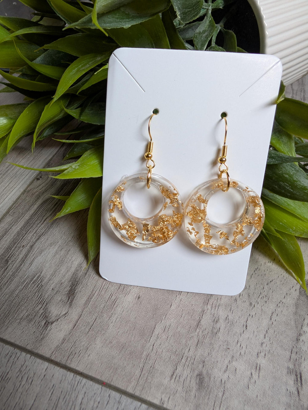 Handmade Gold Flake Resin Hoop Earrings | Clear Geometric Circle Dangles | Lightweight Gold Leaf Statement Jewelry | Minimalist Modern Gift for Her