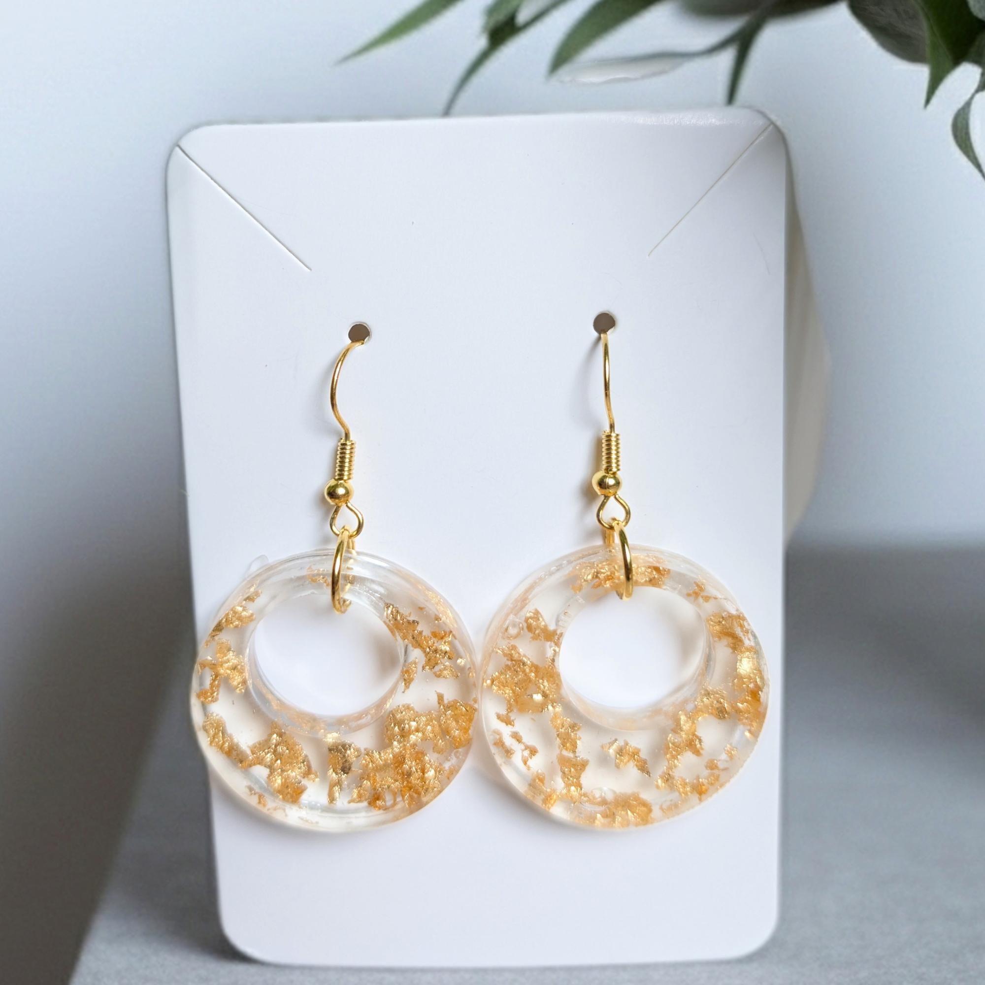 Handmade Gold Flake Resin Hoop Earrings | Clear Geometric Circle Dangles | Lightweight Gold Leaf Statement Jewelry | Minimalist Modern Gift for Her