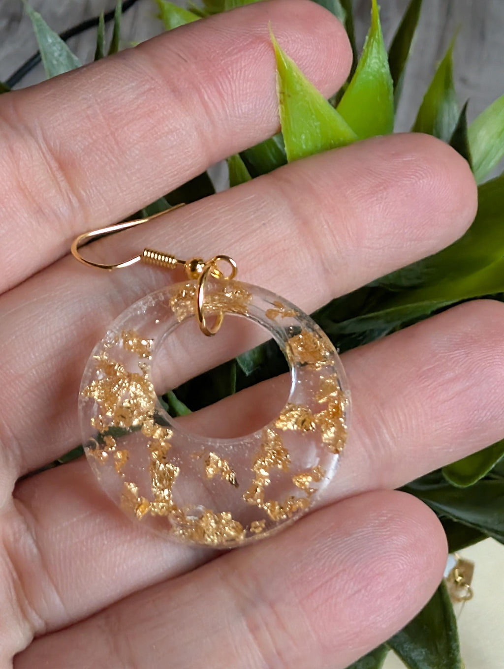 Handmade Gold Flake Resin Hoop Earrings | Clear Geometric Circle Dangles | Lightweight Gold Leaf Statement Jewelry | Minimalist Modern Gift for Her