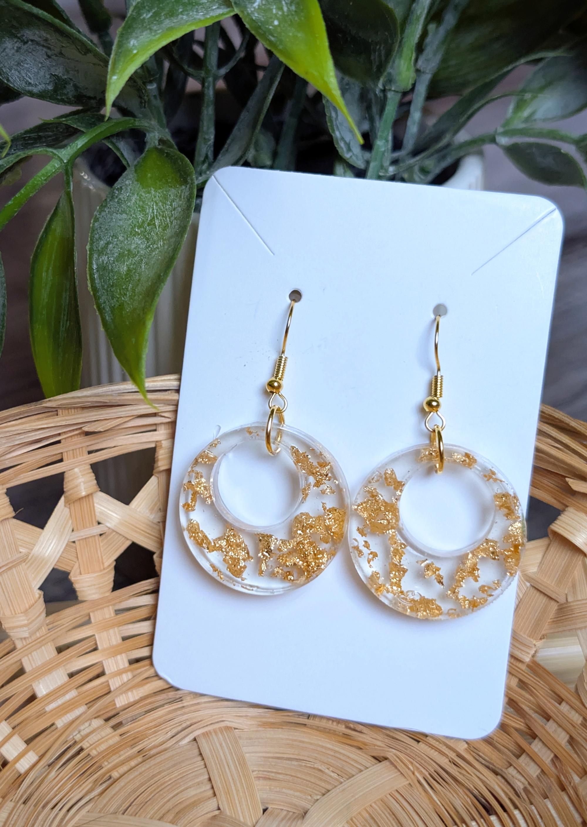 Handmade Gold Flake Resin Hoop Earrings | Clear Geometric Circle Dangles | Lightweight Gold Leaf Statement Jewelry | Minimalist Modern Gift for Her