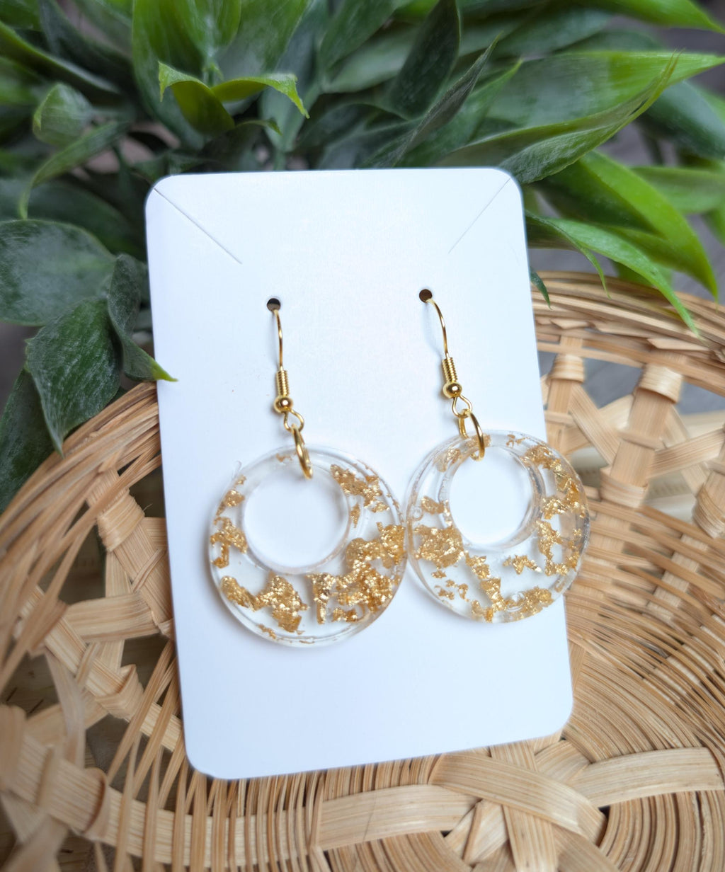 Handmade Gold Flake Resin Hoop Earrings | Clear Geometric Circle Dangles | Lightweight Gold Leaf Statement Jewelry | Minimalist Modern Gift for Her