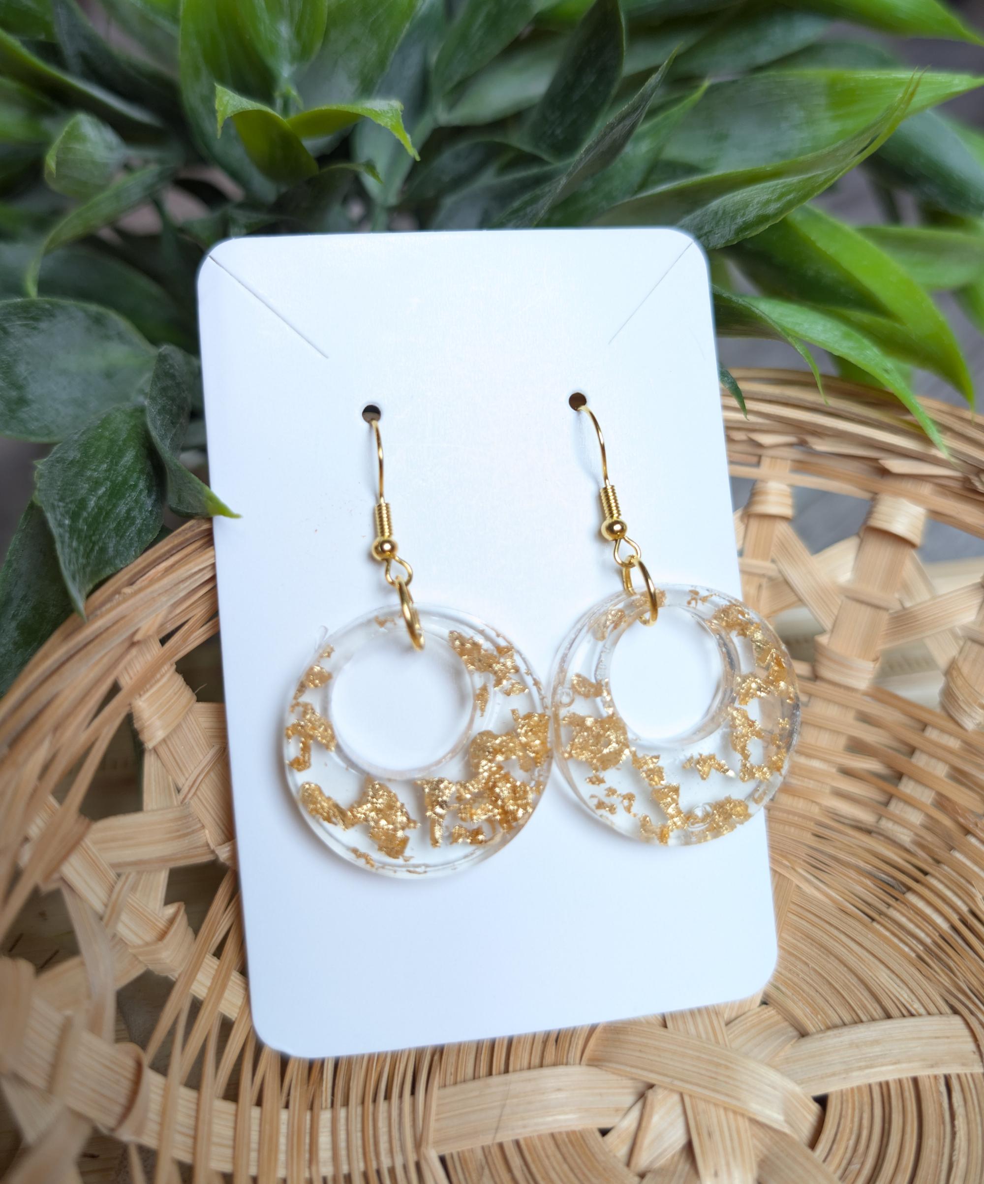 Handmade Gold Flake Resin Hoop Earrings | Clear Geometric Circle Dangles | Lightweight Gold Leaf Statement Jewelry | Minimalist Modern Gift for Her