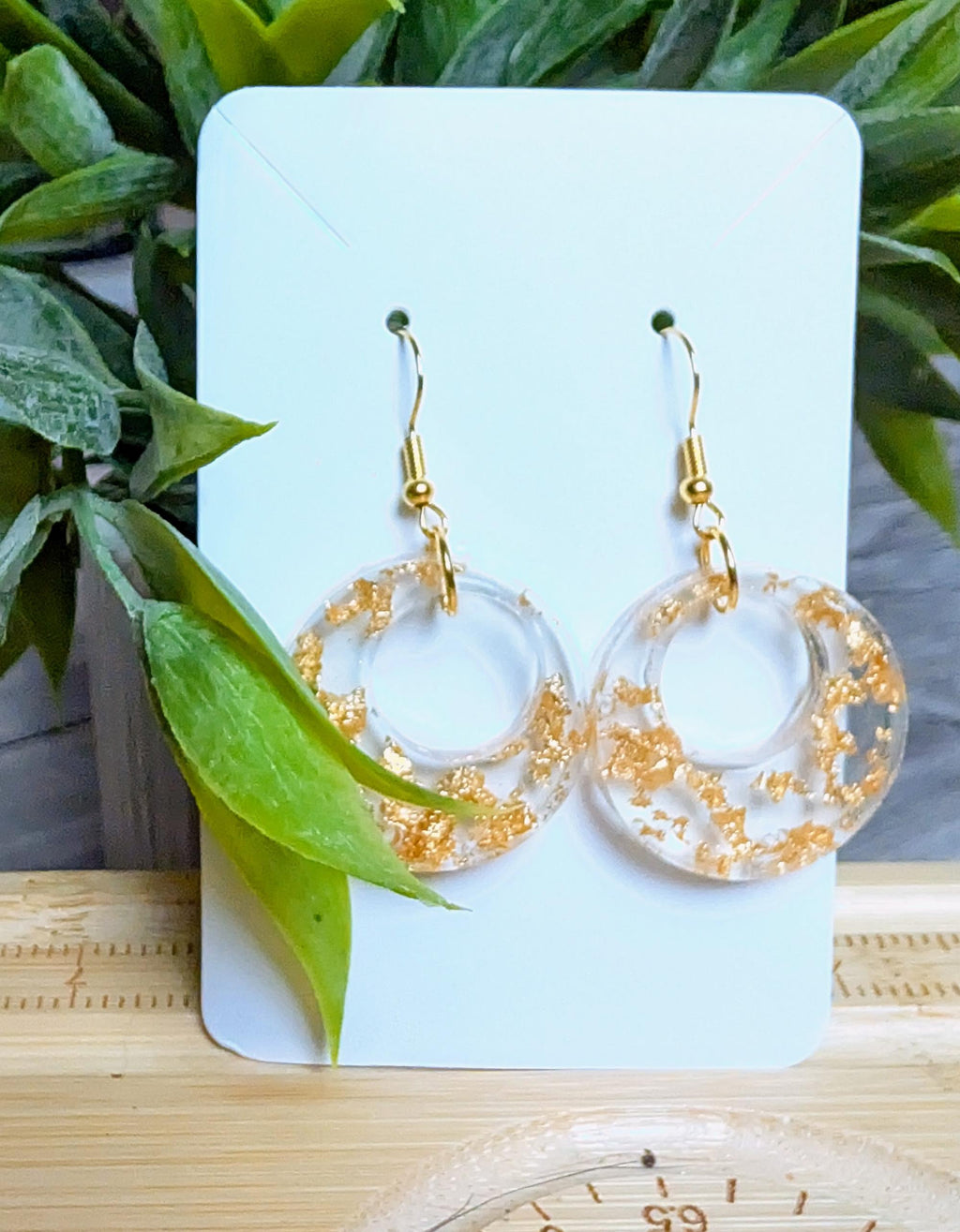 Handmade Gold Flake Resin Hoop Earrings | Clear Geometric Circle Dangles | Lightweight Gold Leaf Statement Jewelry | Minimalist Modern Gift for Her
