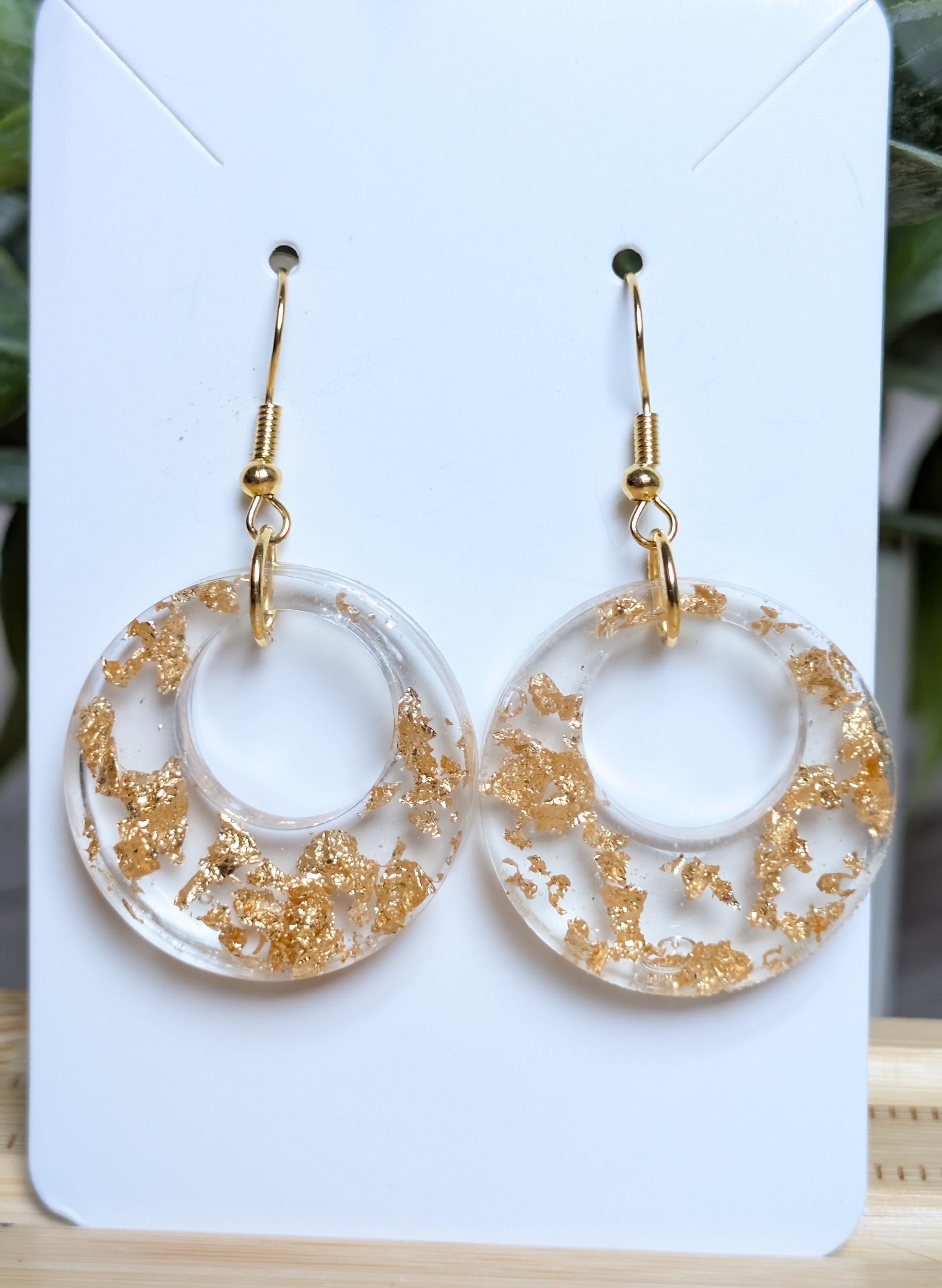 Handmade Gold Flake Resin Hoop Earrings | Clear Geometric Circle Dangles | Lightweight Gold Leaf Statement Jewelry | Minimalist Modern Gift for Her
