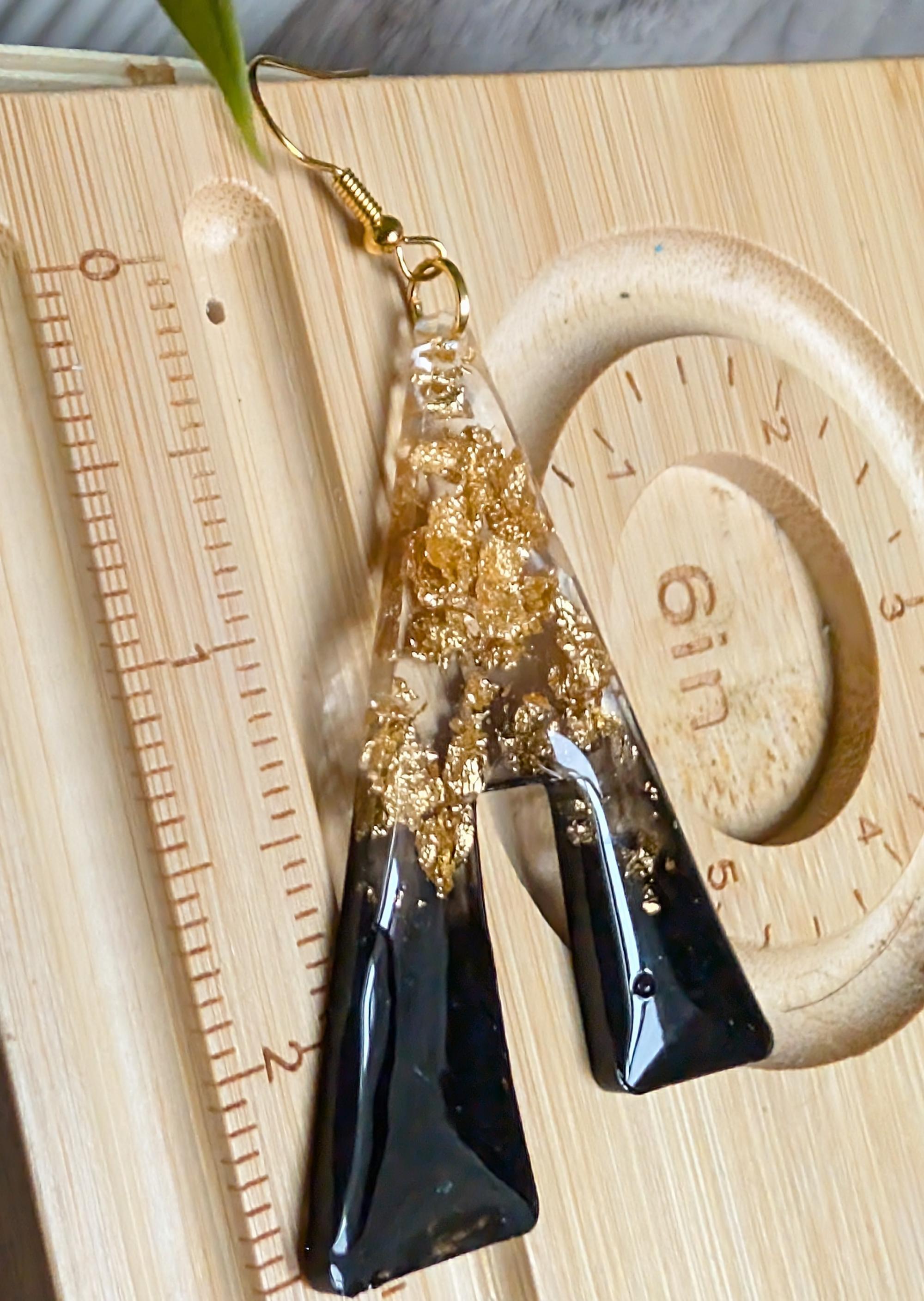 Gold Leaf & Black Resin Geometric Dangle Earrings