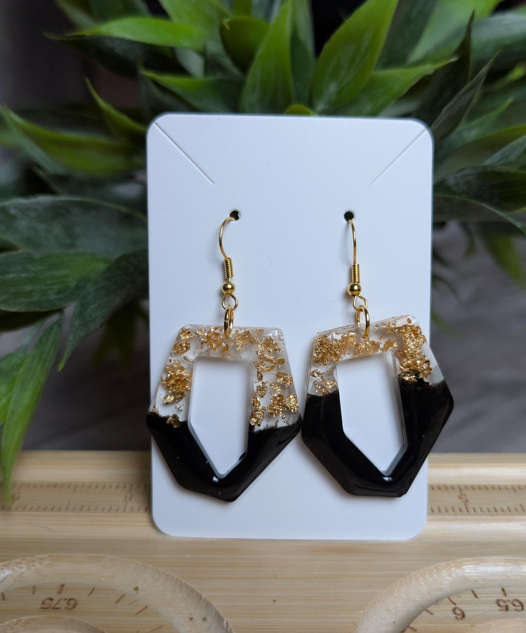 Black and Gold Leaf Resin Geometric Earrings