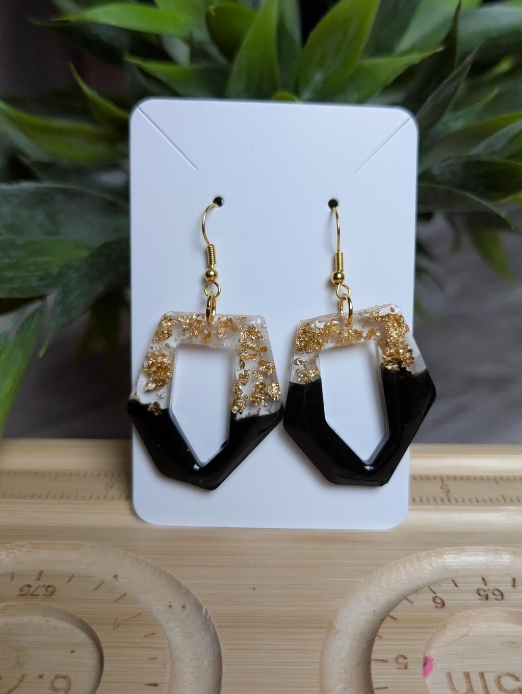 Black and Gold Leaf Resin Geometric Earrings