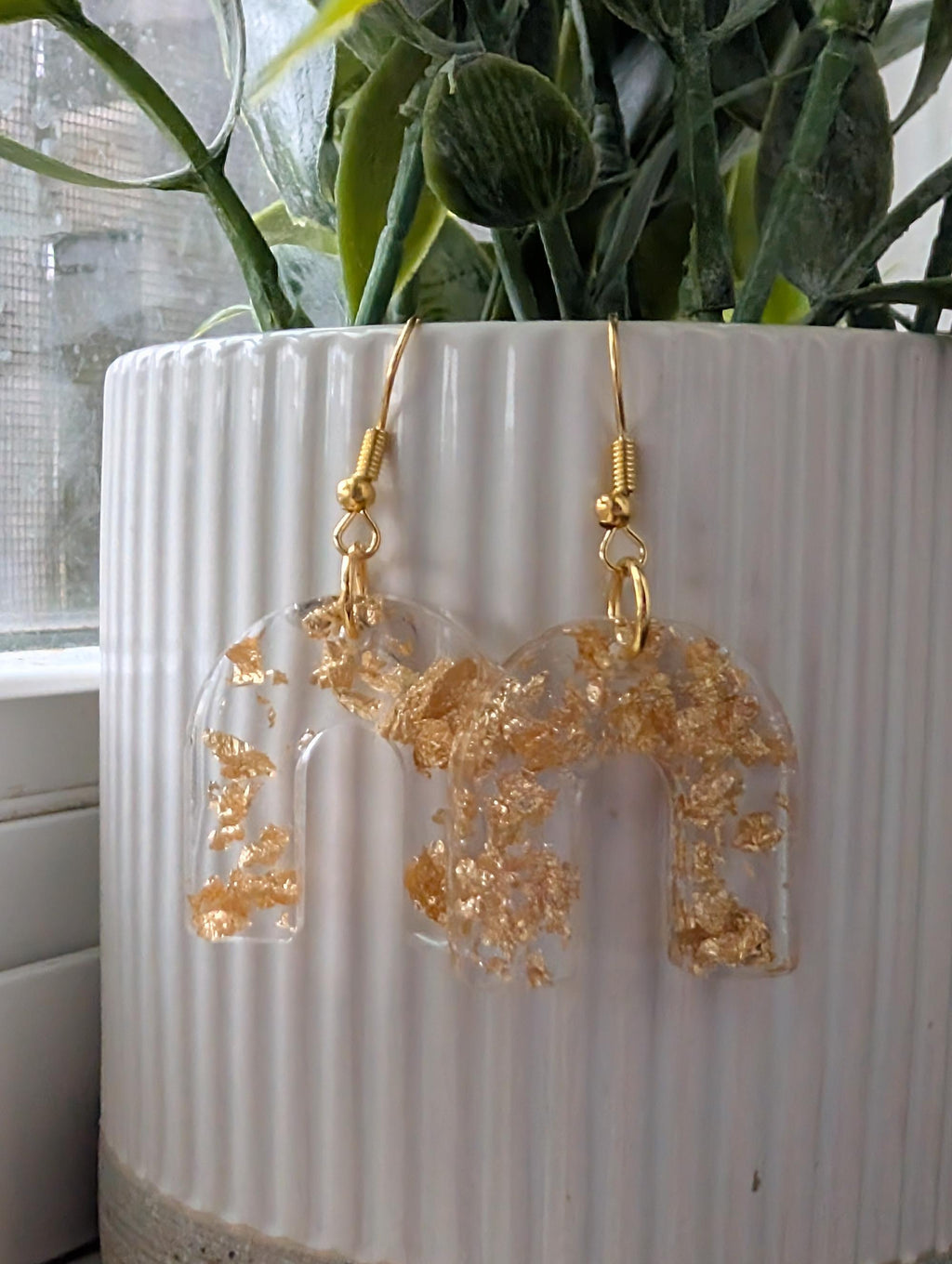 Gold Leaf Arch Earrings | Handmade Clear Resin Dangles | "Made Lovelee" Collection