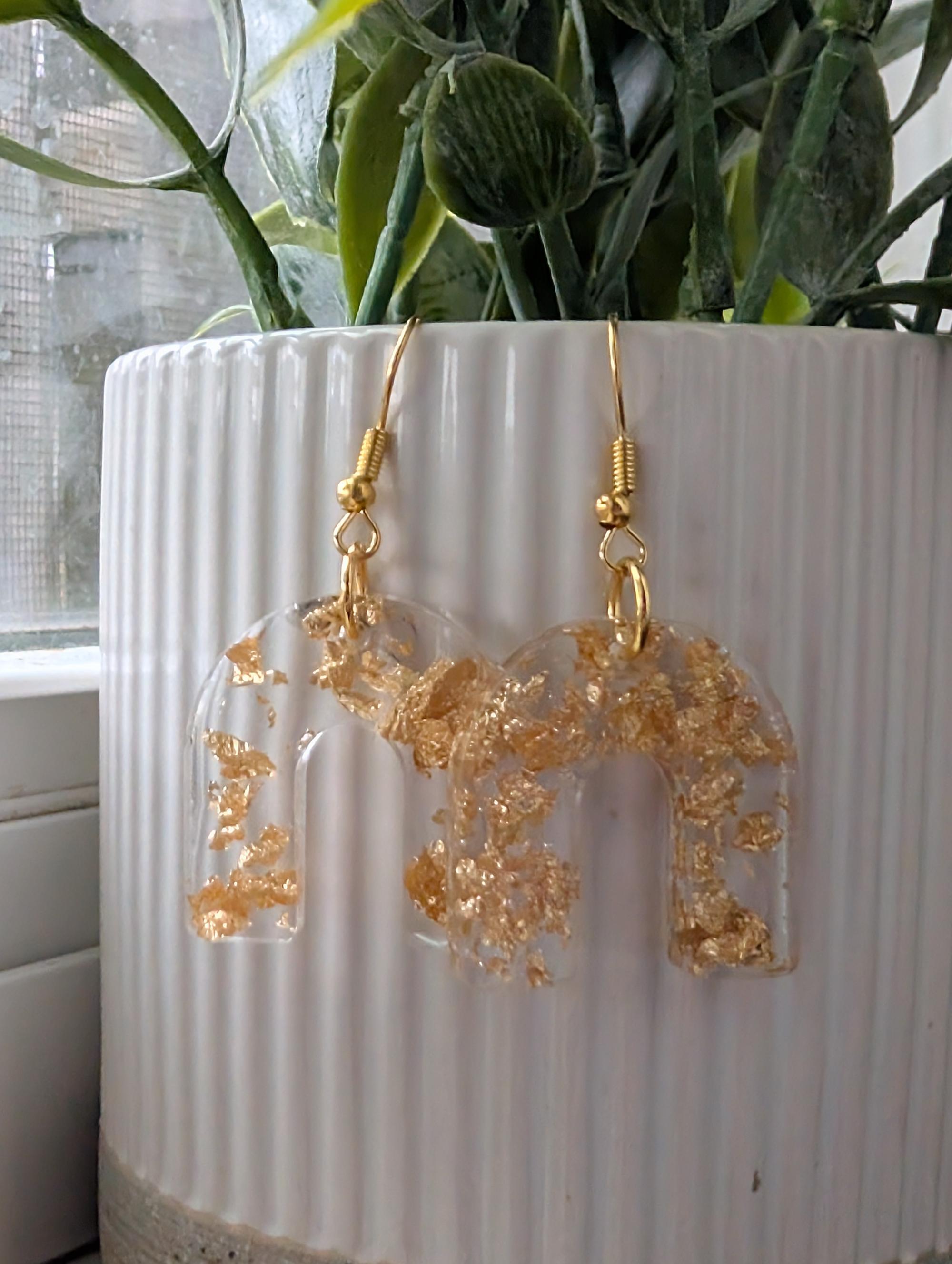 Gold Leaf Arch Earrings | Handmade Clear Resin Dangles | "Made Lovelee" Collection