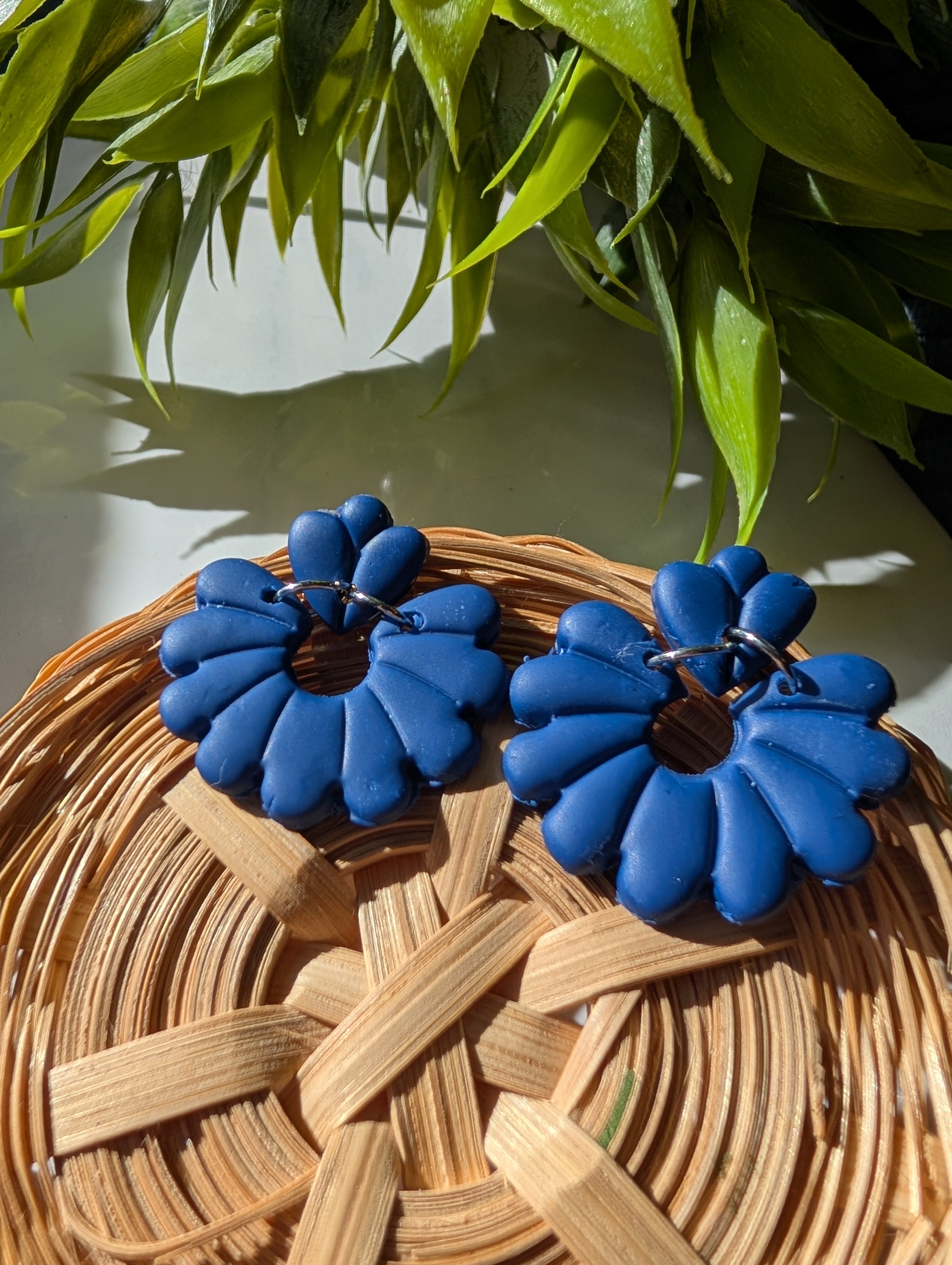 Navy Blue Polymer Clay Floral Earrings