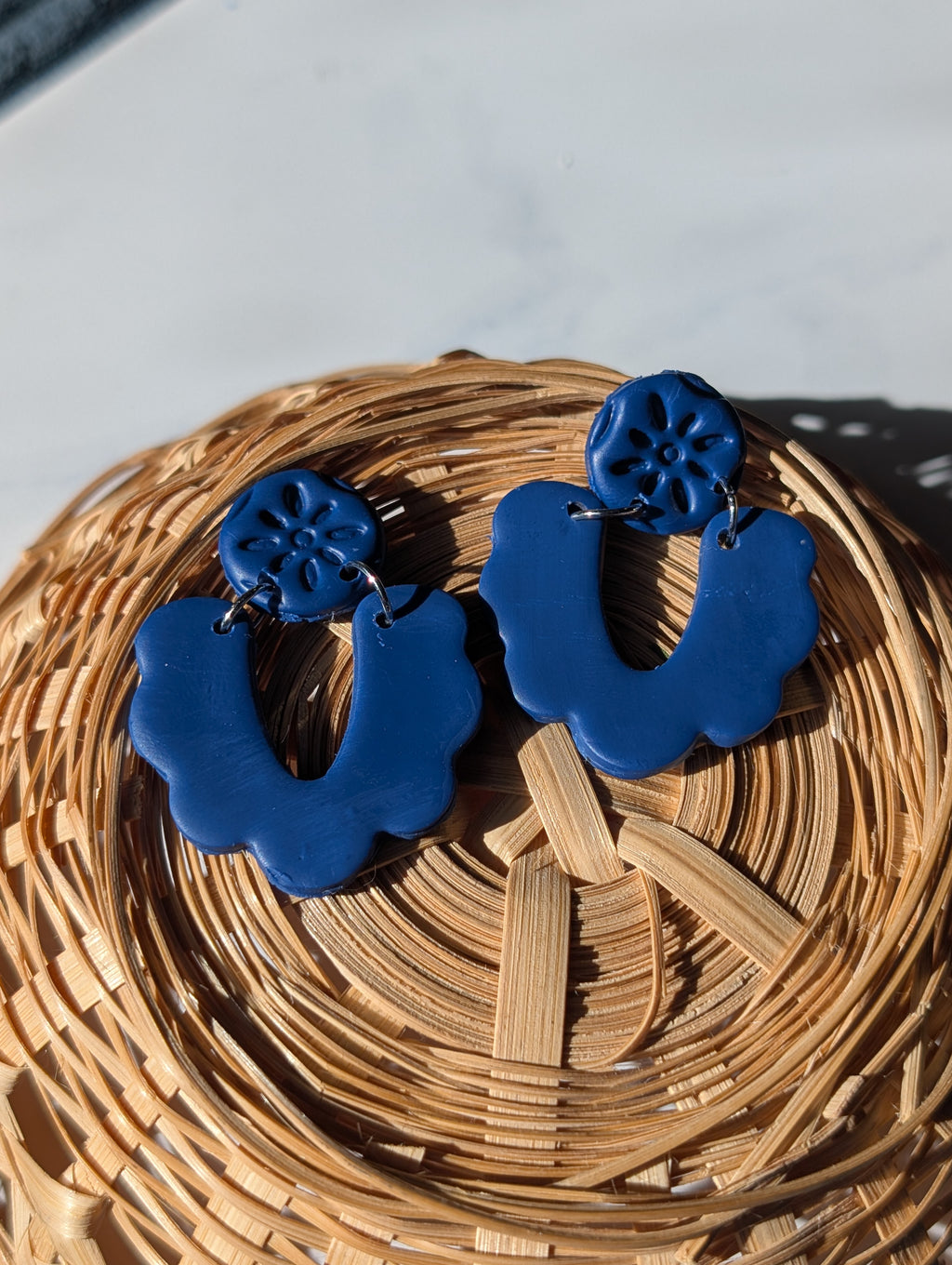 Midnight Blue Embossed Floral Arch Statement Earrings
