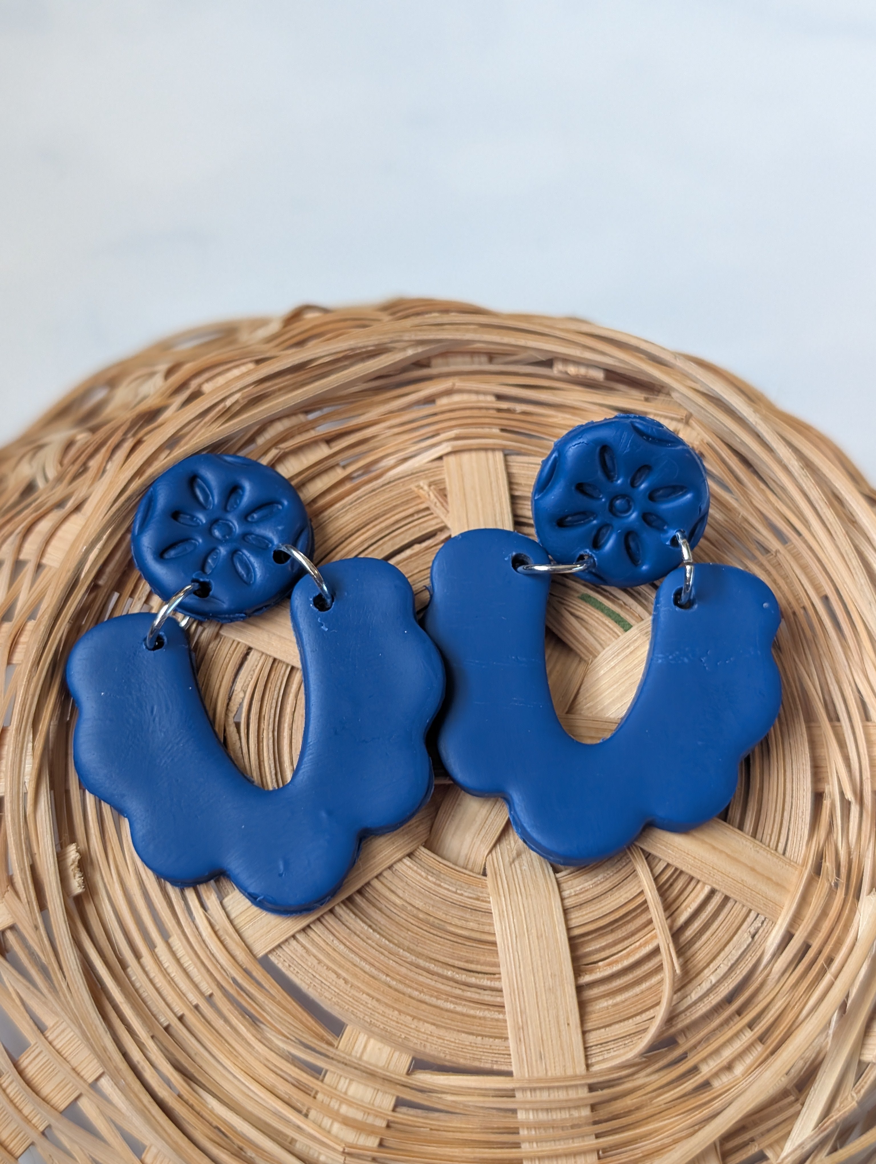 Midnight Blue Embossed Floral Arch Statement Earrings
