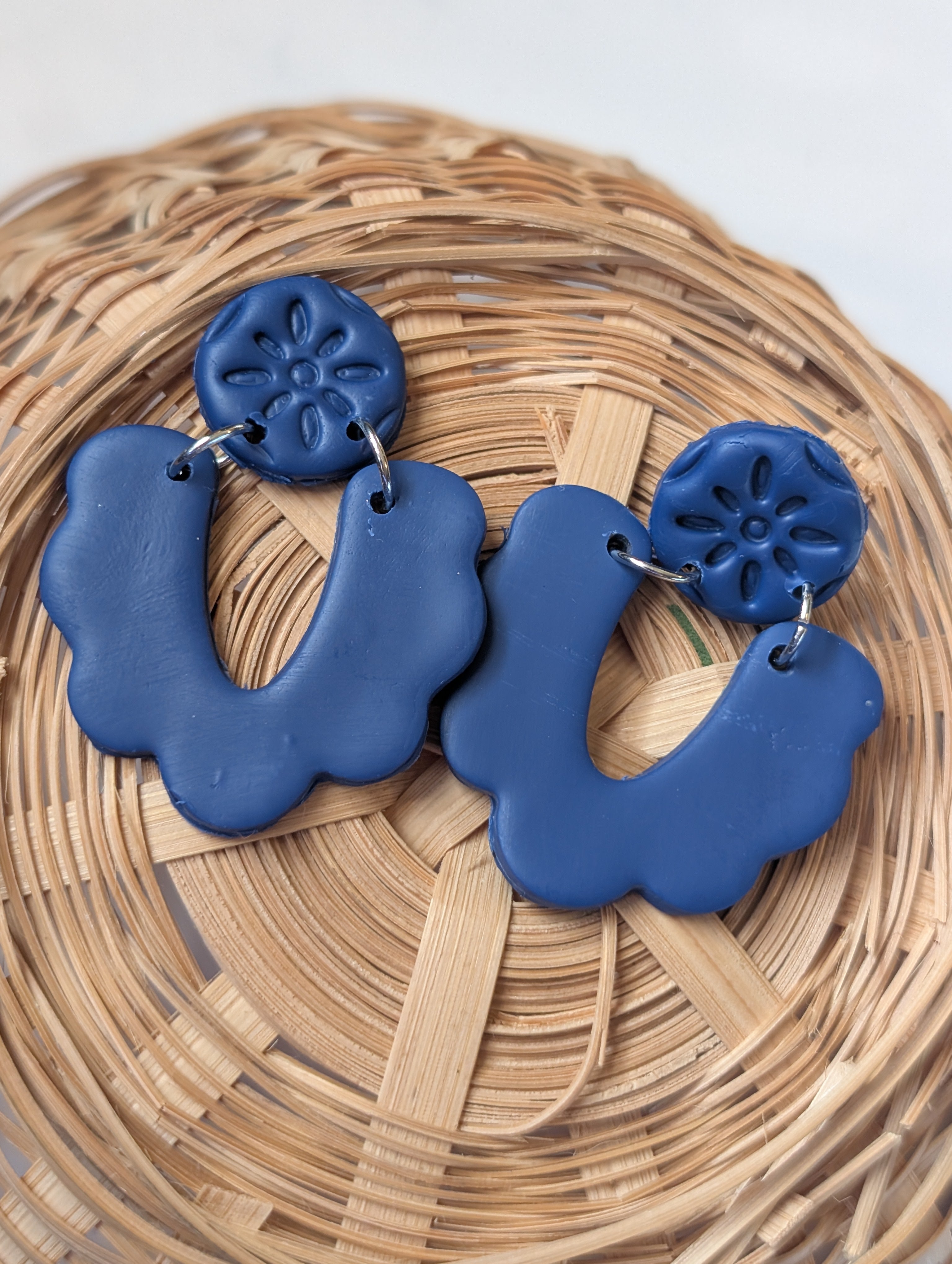 Midnight Blue Embossed Floral Arch Statement Earrings