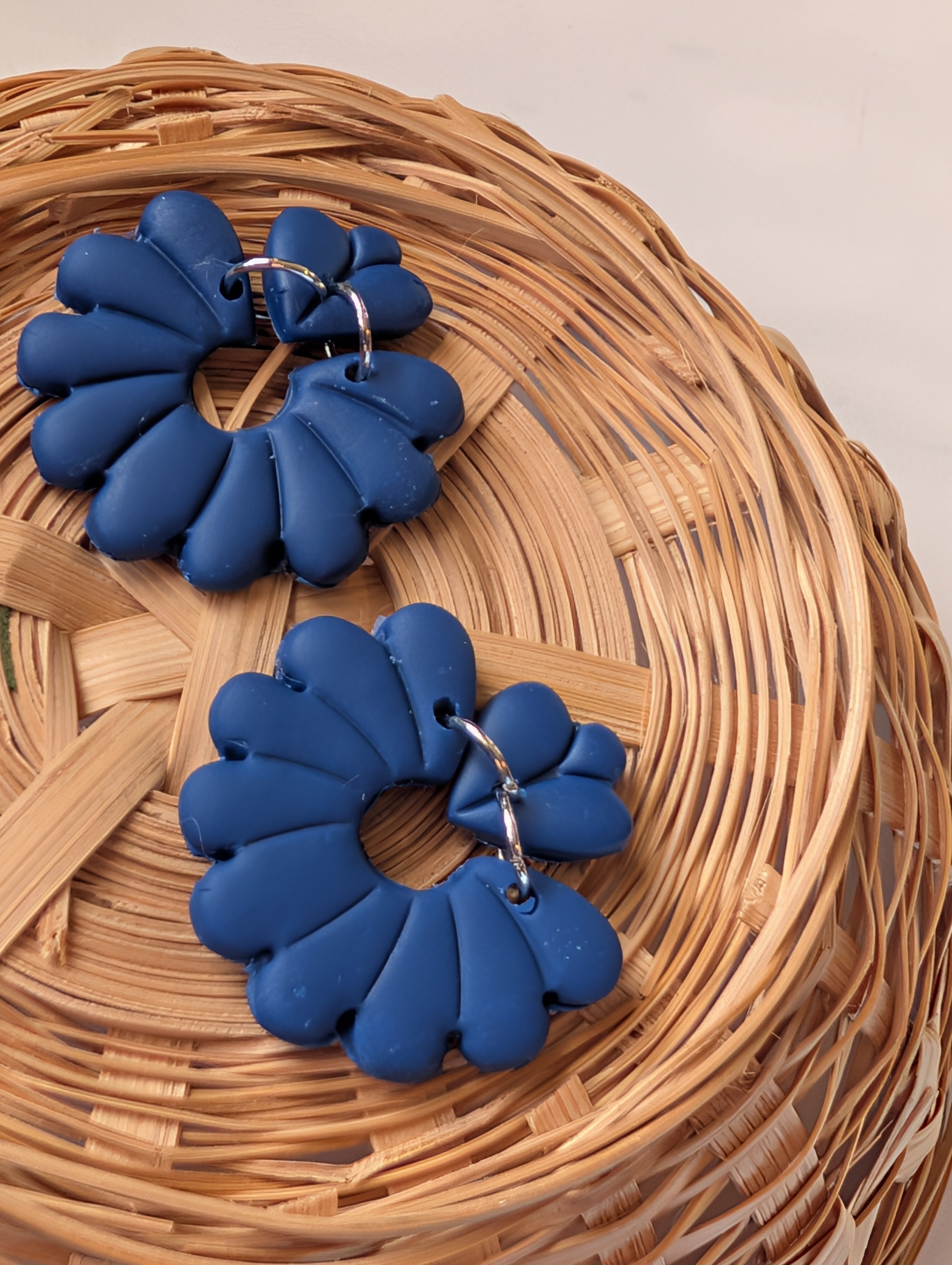 Navy Blue Polymer Clay Floral Earrings