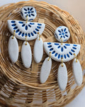 Faux ceramic chandelier earrings | blue and white clay earirngs