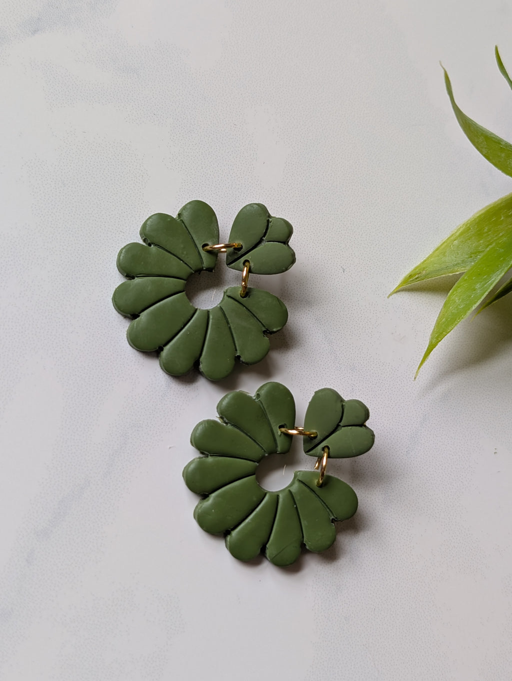 Olive Green Retro Flower Polymer Clay Earrings | Mod Floral Dangles