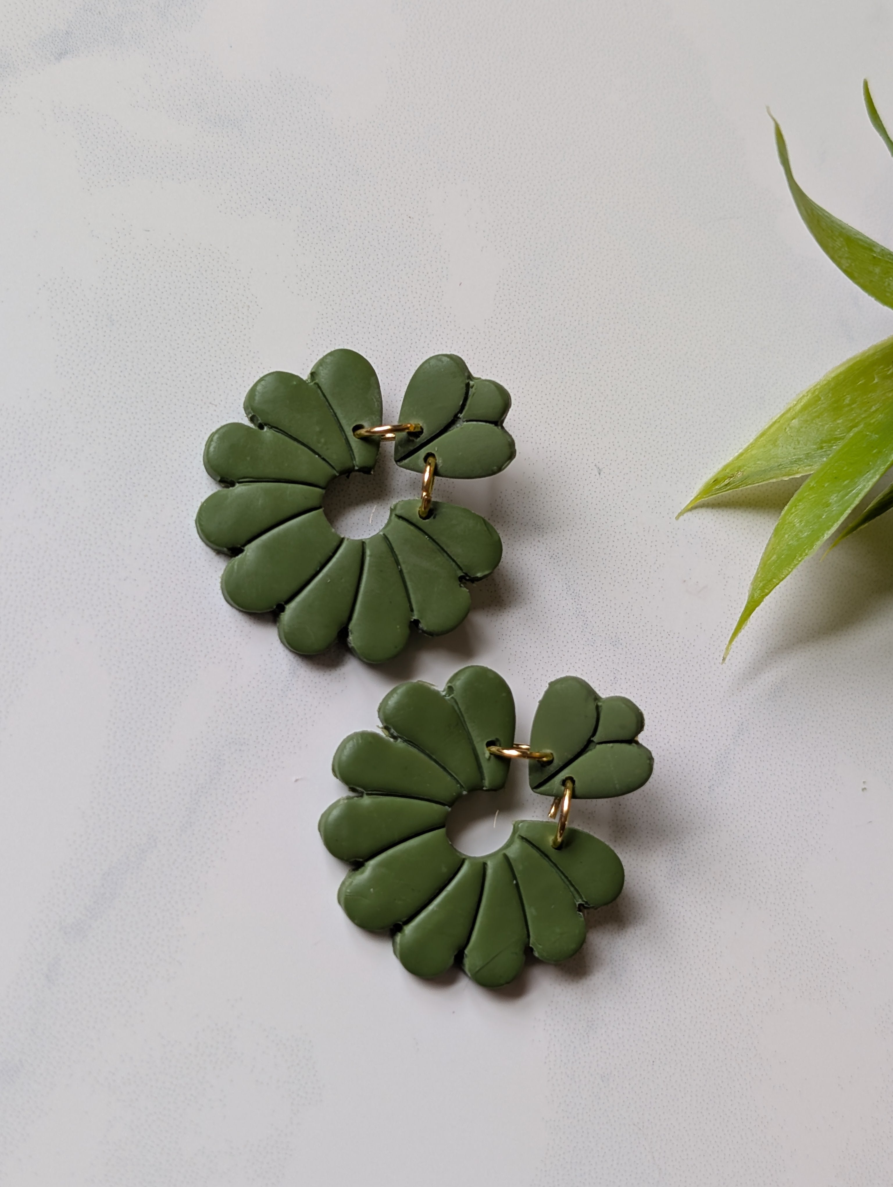 Olive Green Retro Flower Polymer Clay Earrings | Mod Floral Dangles