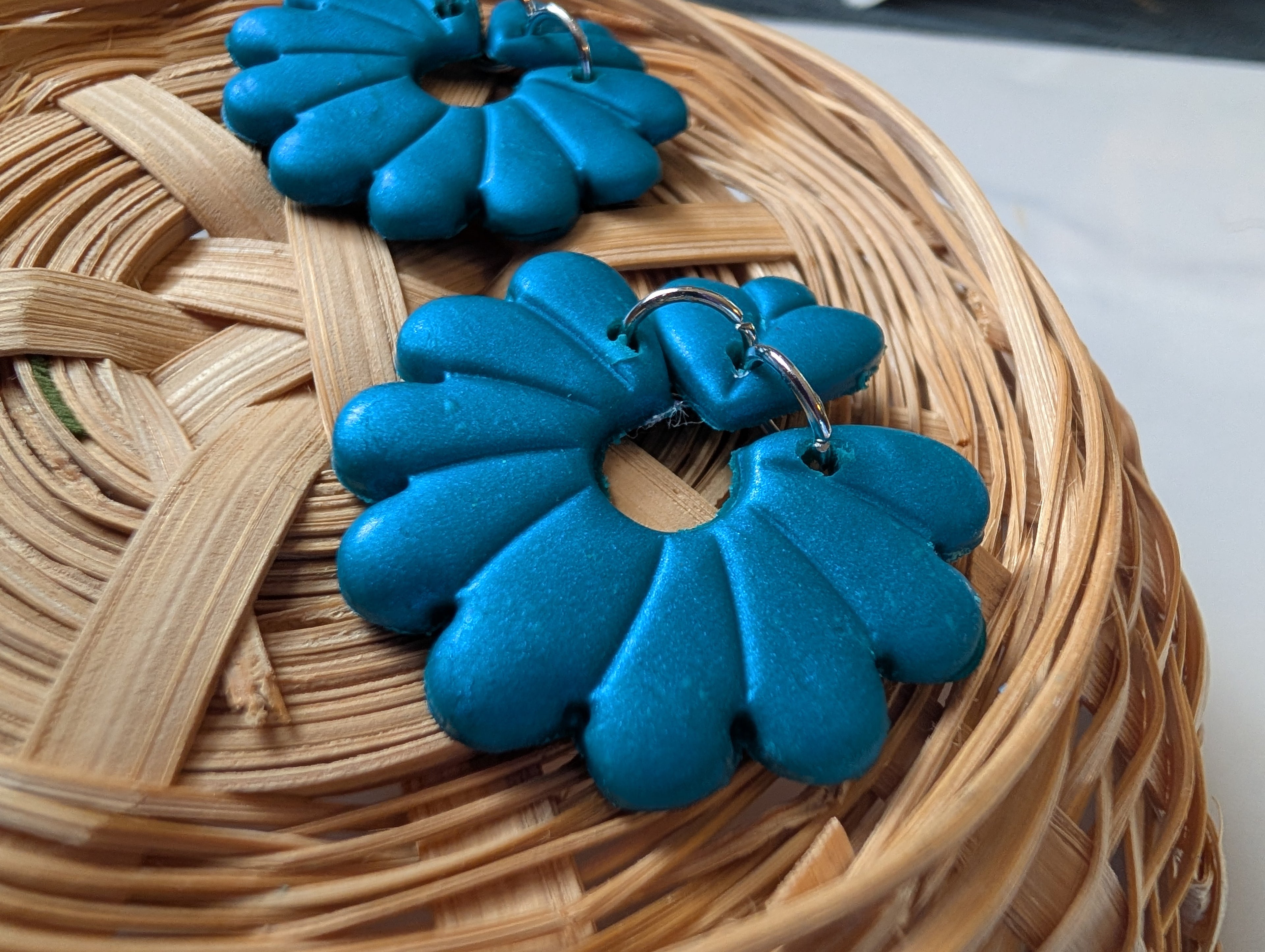 Teal Floral Statement Earrings | Handmade Polymer Clay