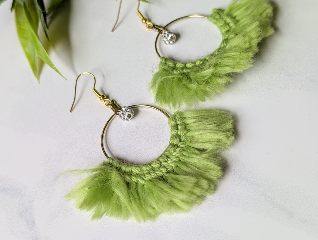 Handmade Lime Green Macrame Fringe Hoop Earrings with Crystal Pave Charm | Boho Fiber Art Jewelry