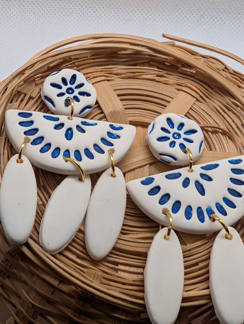 Faux ceramic chandelier earrings | blue and white clay earirngs