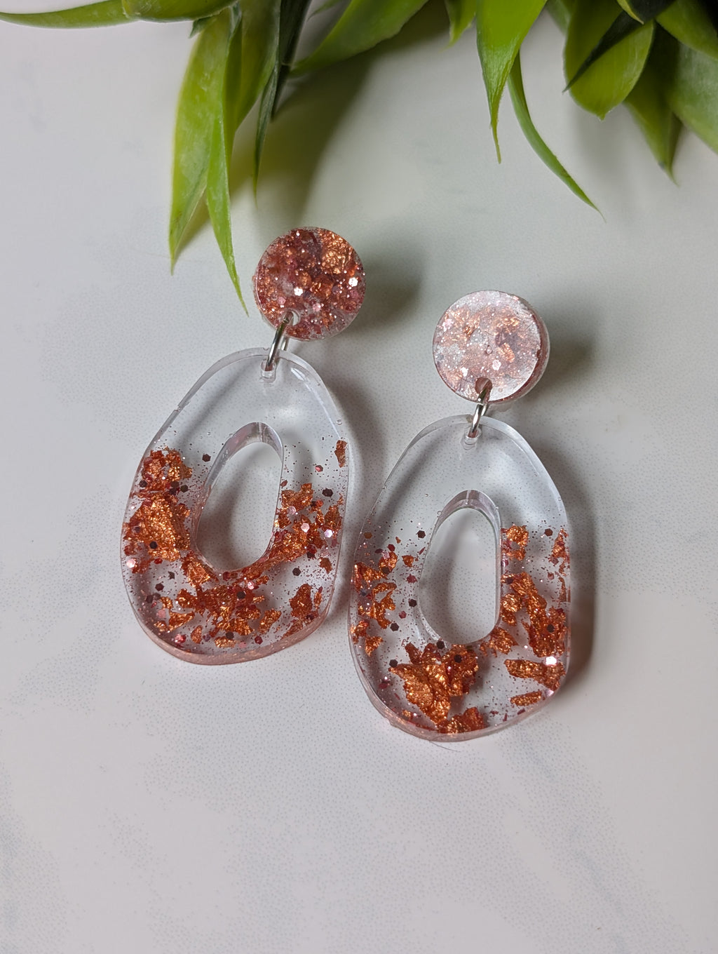 Sunset Flake Statement Dangles | Copper & Rose Gold Resin Earrings