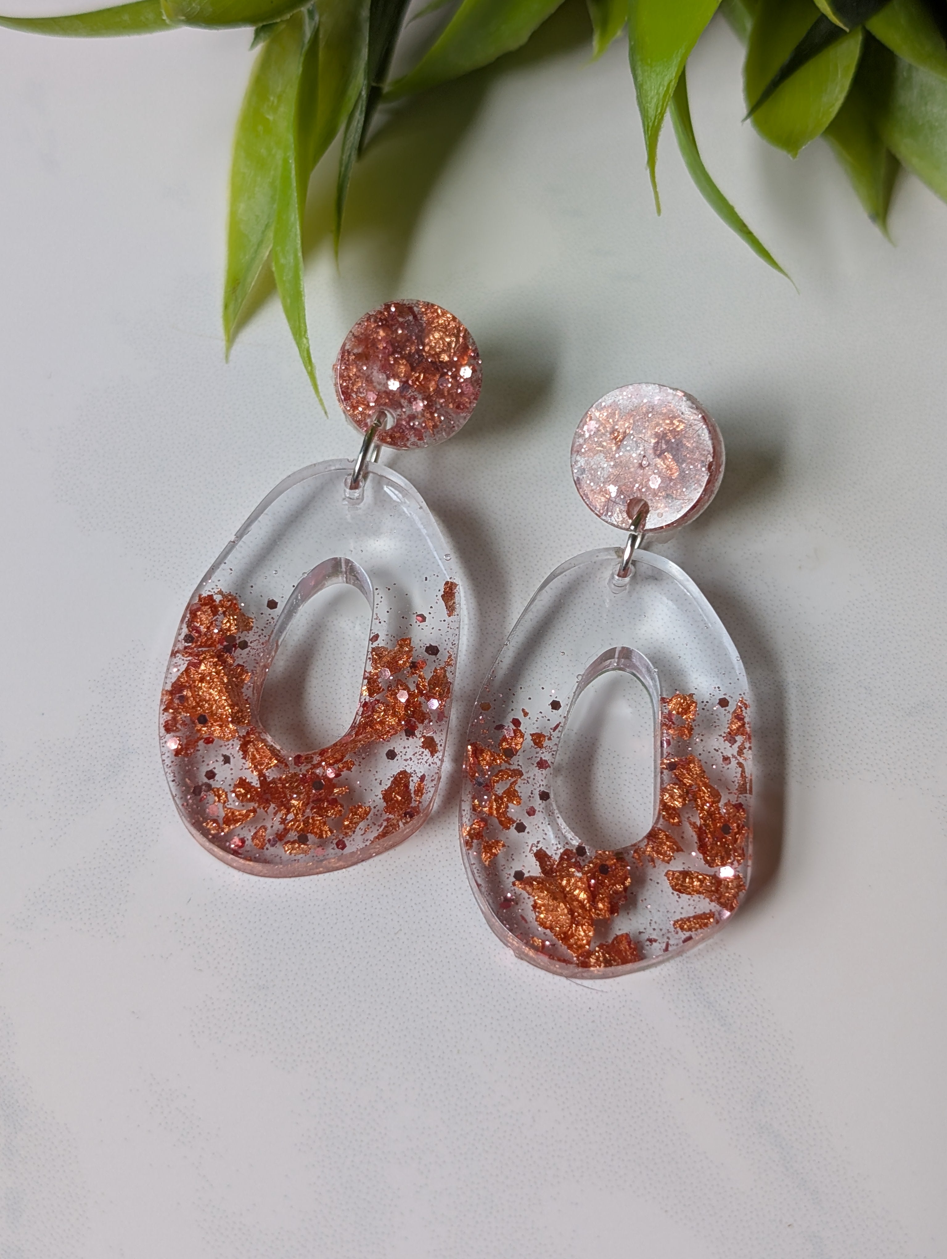Sunset Flake Statement Dangles | Copper & Rose Gold Resin Earrings