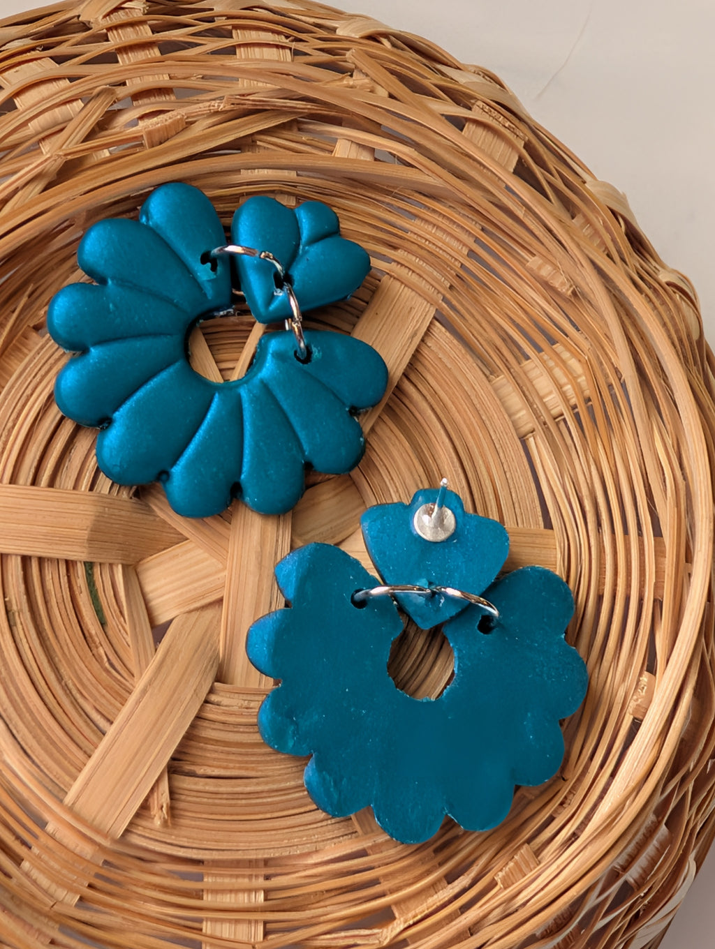 Teal Floral Statement Earrings | Handmade Polymer Clay