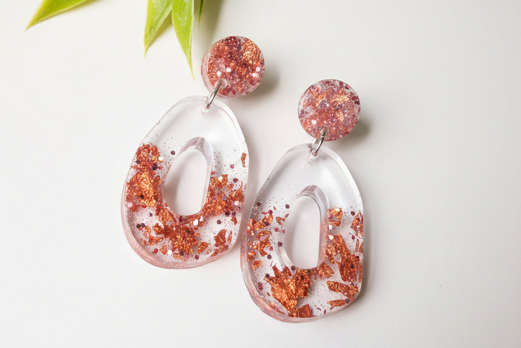 Sunset Flake Statement Dangles | Copper & Rose Gold Resin Earrings