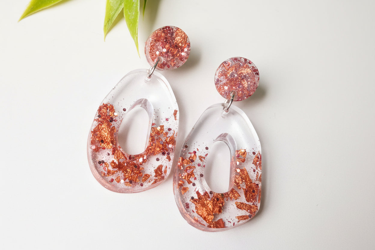 Sunset Flake Statement Dangles | Copper & Rose Gold Resin Earrings