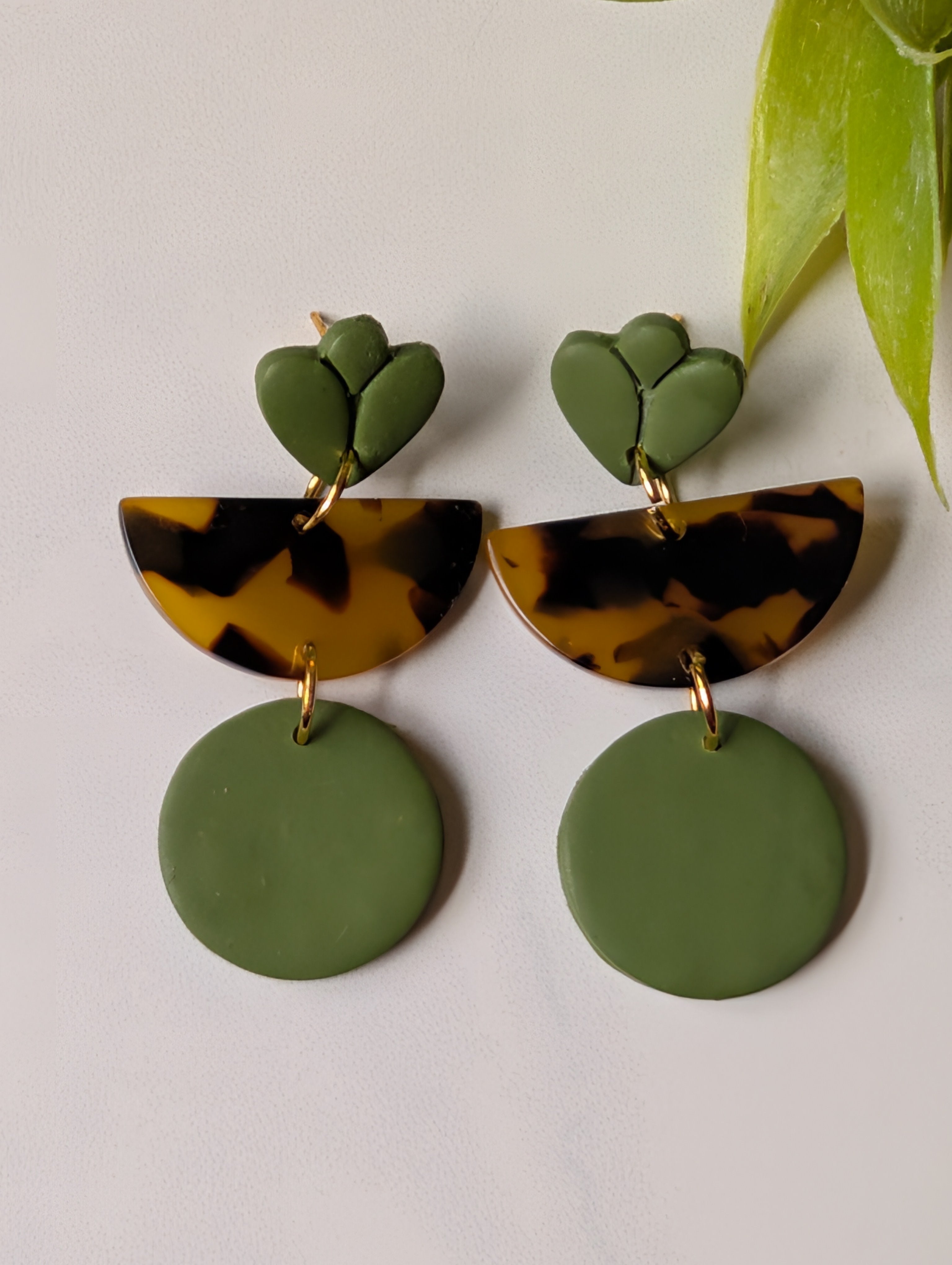 Olive Green and Tortoiseshell Geometric Earrings | Mixed Media Boho Dangles