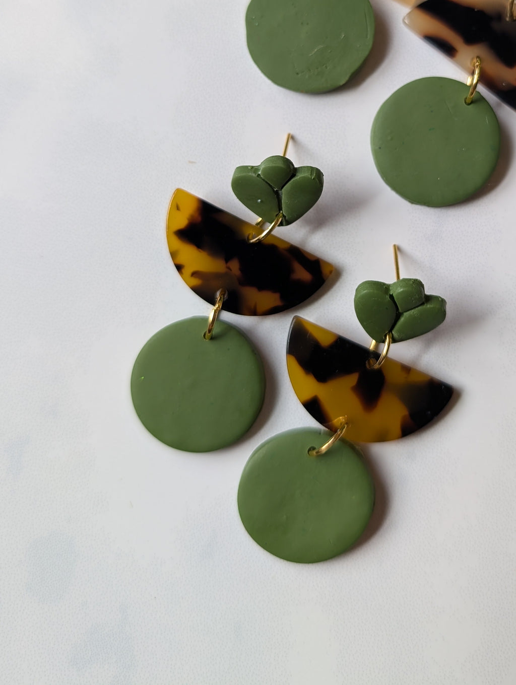 Olive Green and Tortoiseshell Geometric Earrings | Mixed Media Boho Dangles