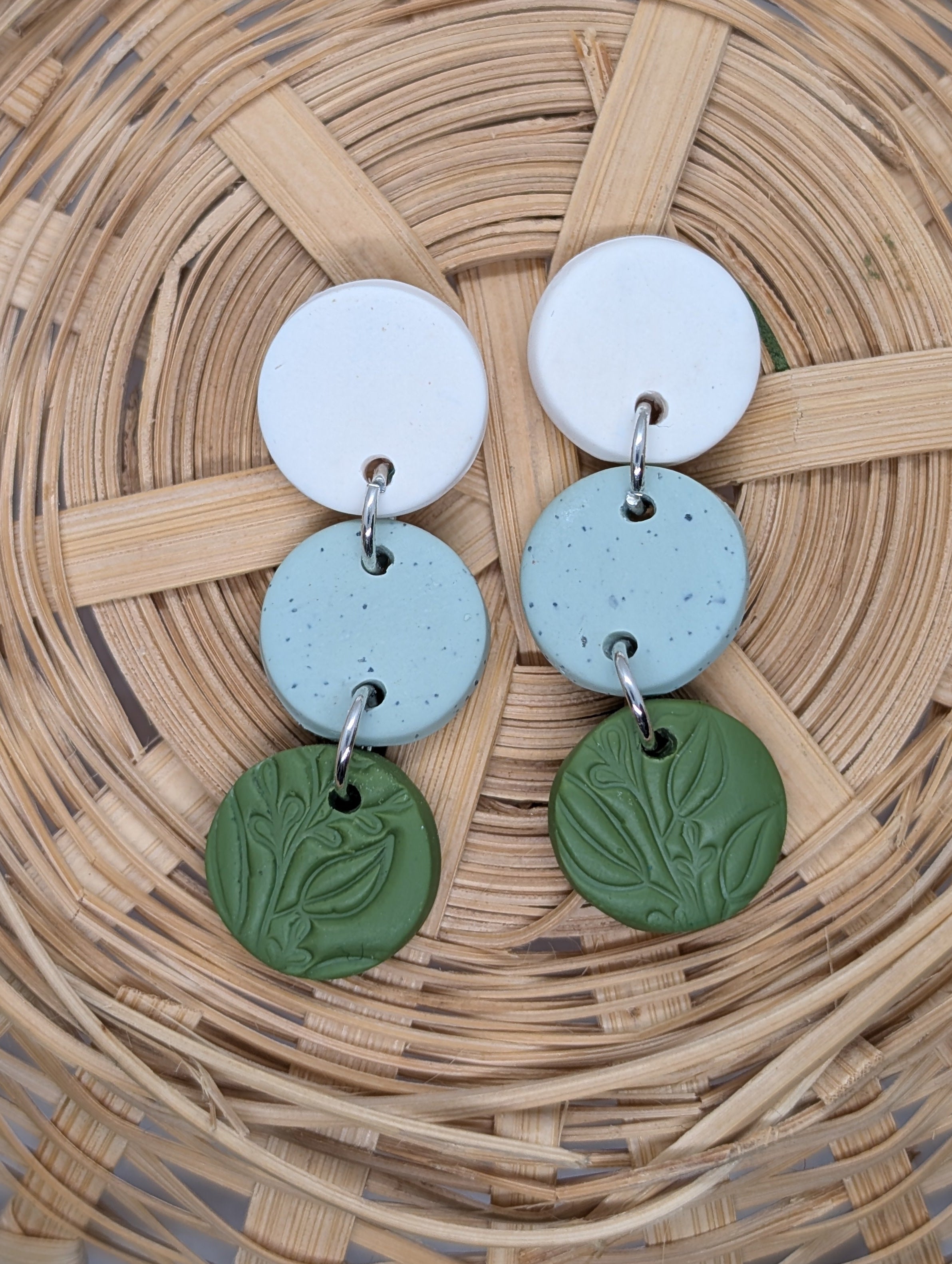 Product Title: Botanical Gradient Statement Earrings | White, Speckled Mint & Embossed Moss Green Polymer Clay Dangles