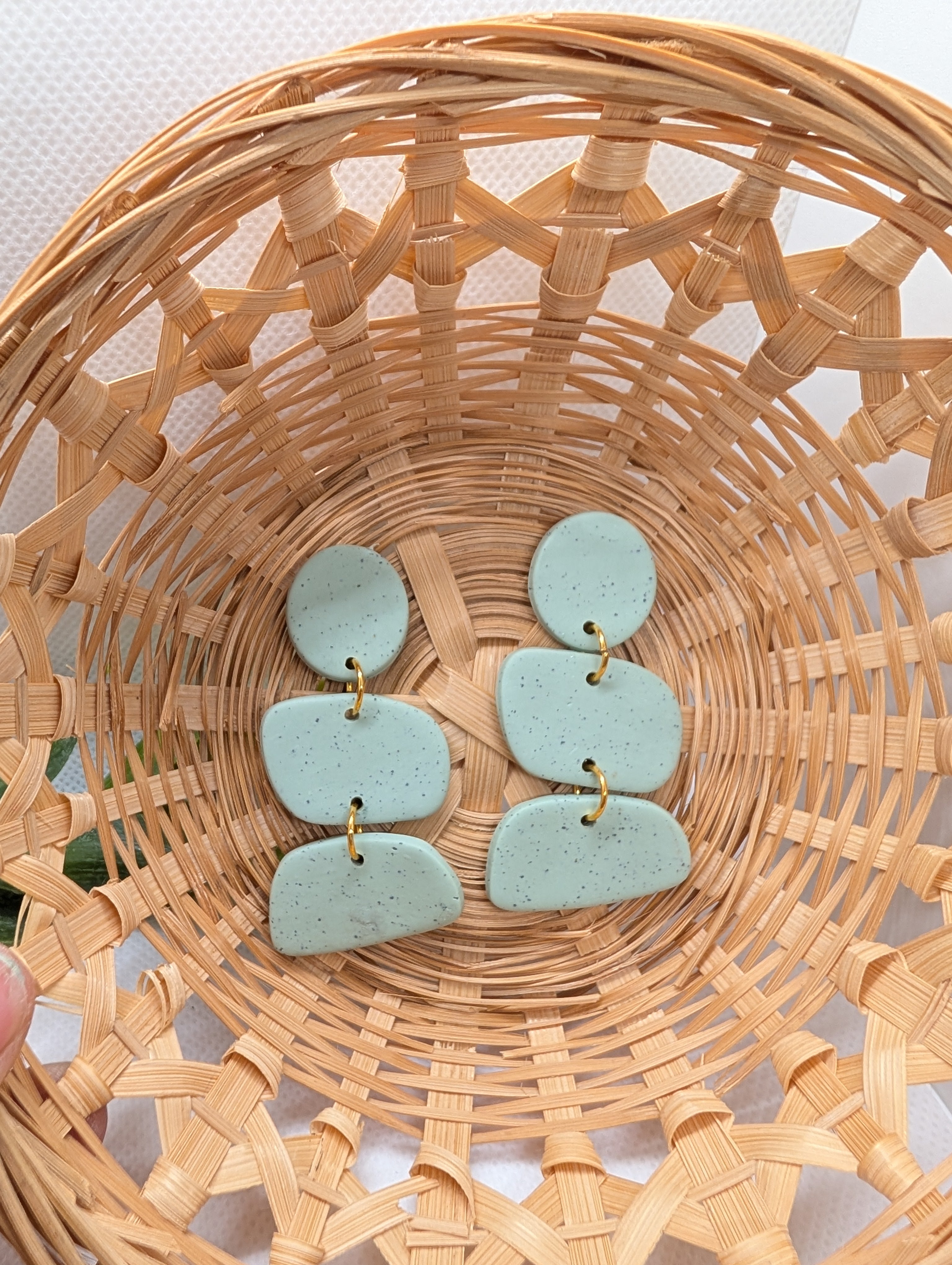 Sage Green Speckled Granite Polymer Clay Statement Earrings | Earthy Teardrop Geometric Dangles