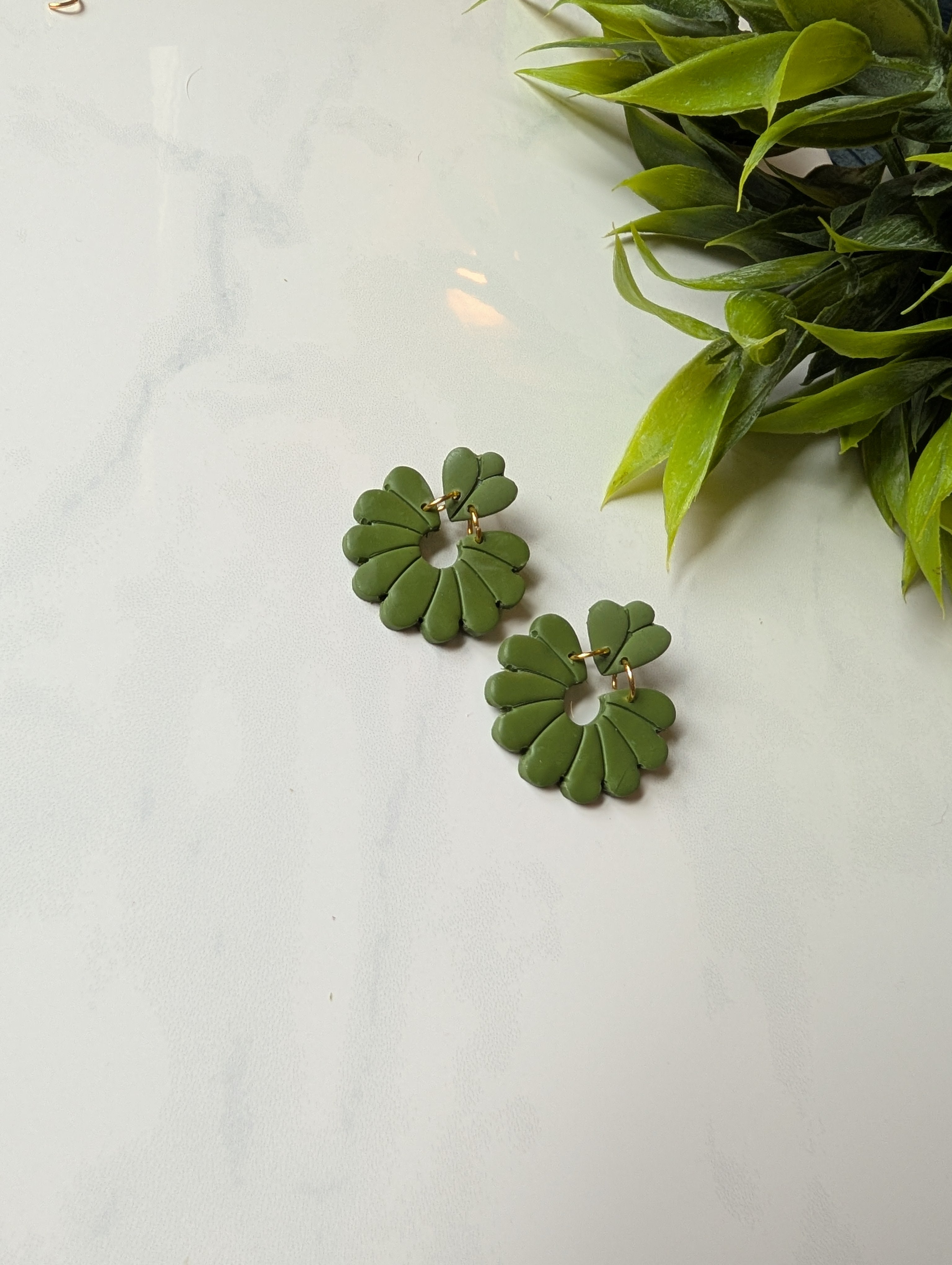 Olive Green Retro Flower Polymer Clay Earrings | Mod Floral Dangles