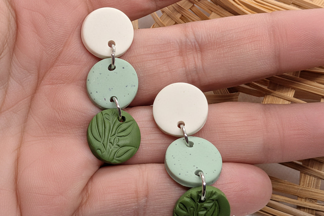Product Title: Botanical Gradient Statement Earrings | White, Speckled Mint & Embossed Moss Green Polymer Clay Dangles