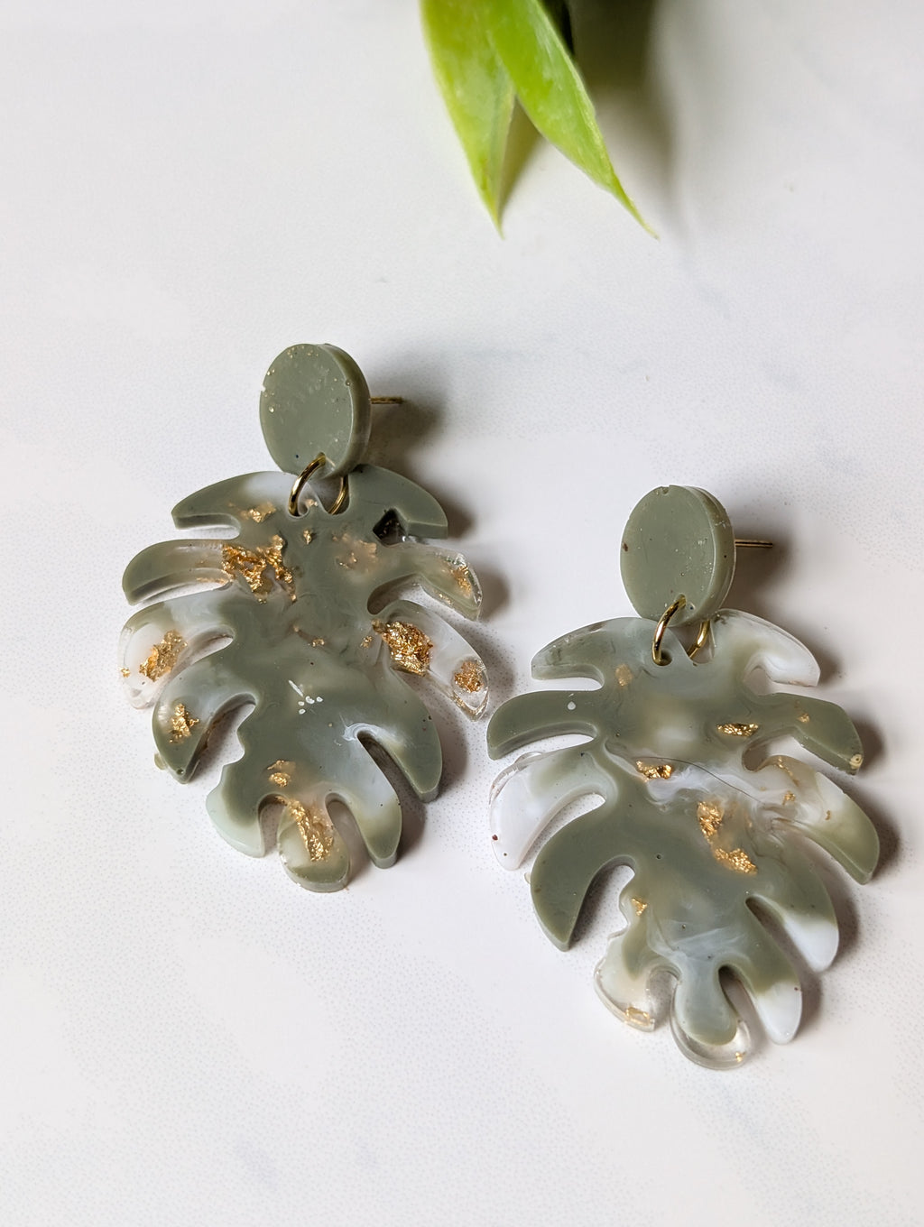Sage Green Marble Monstera Leaf Earrings | Handmade Polymer Clay & Gold Flake Tropical