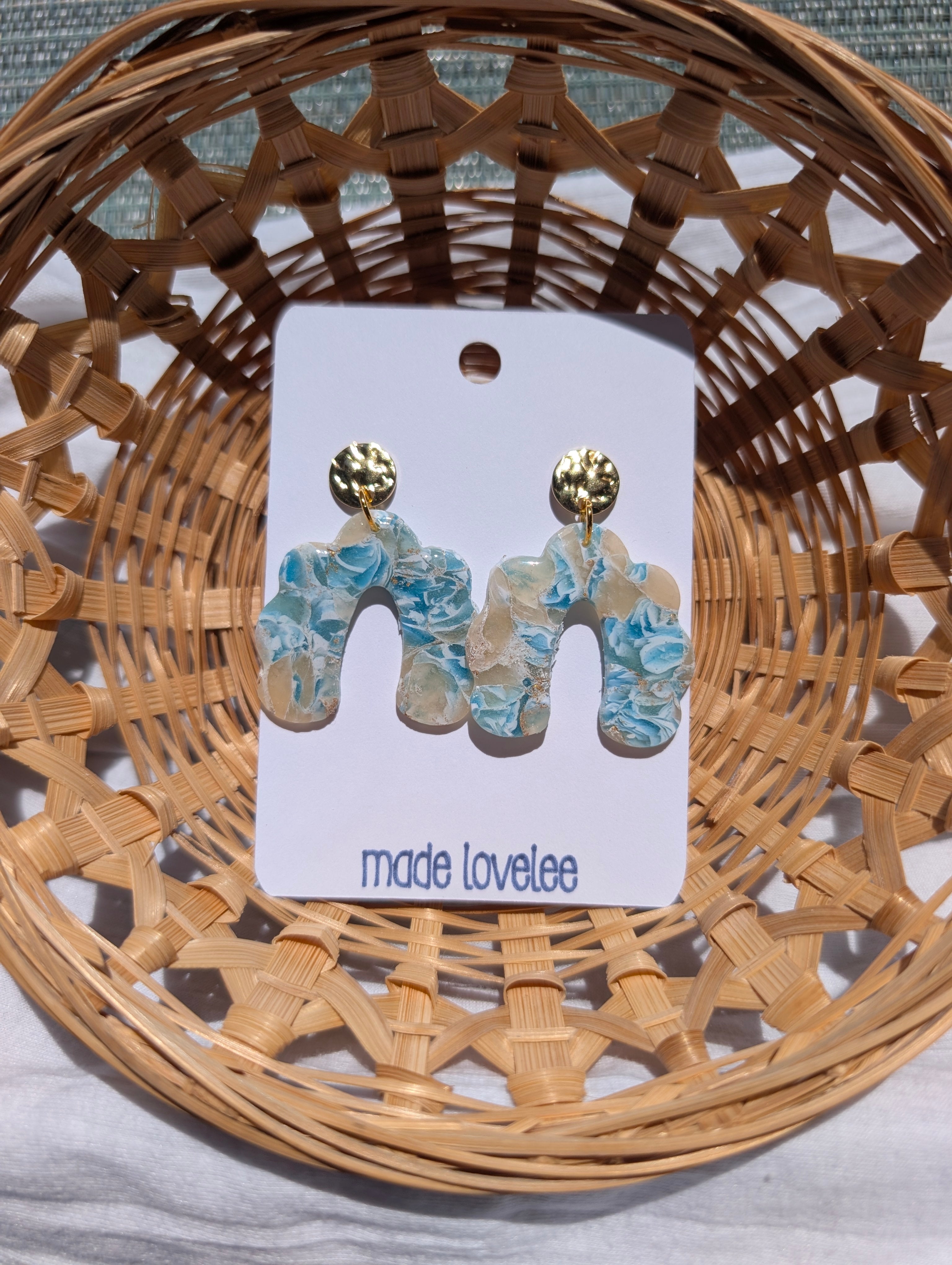Blue and sand toned marbled arch earrings