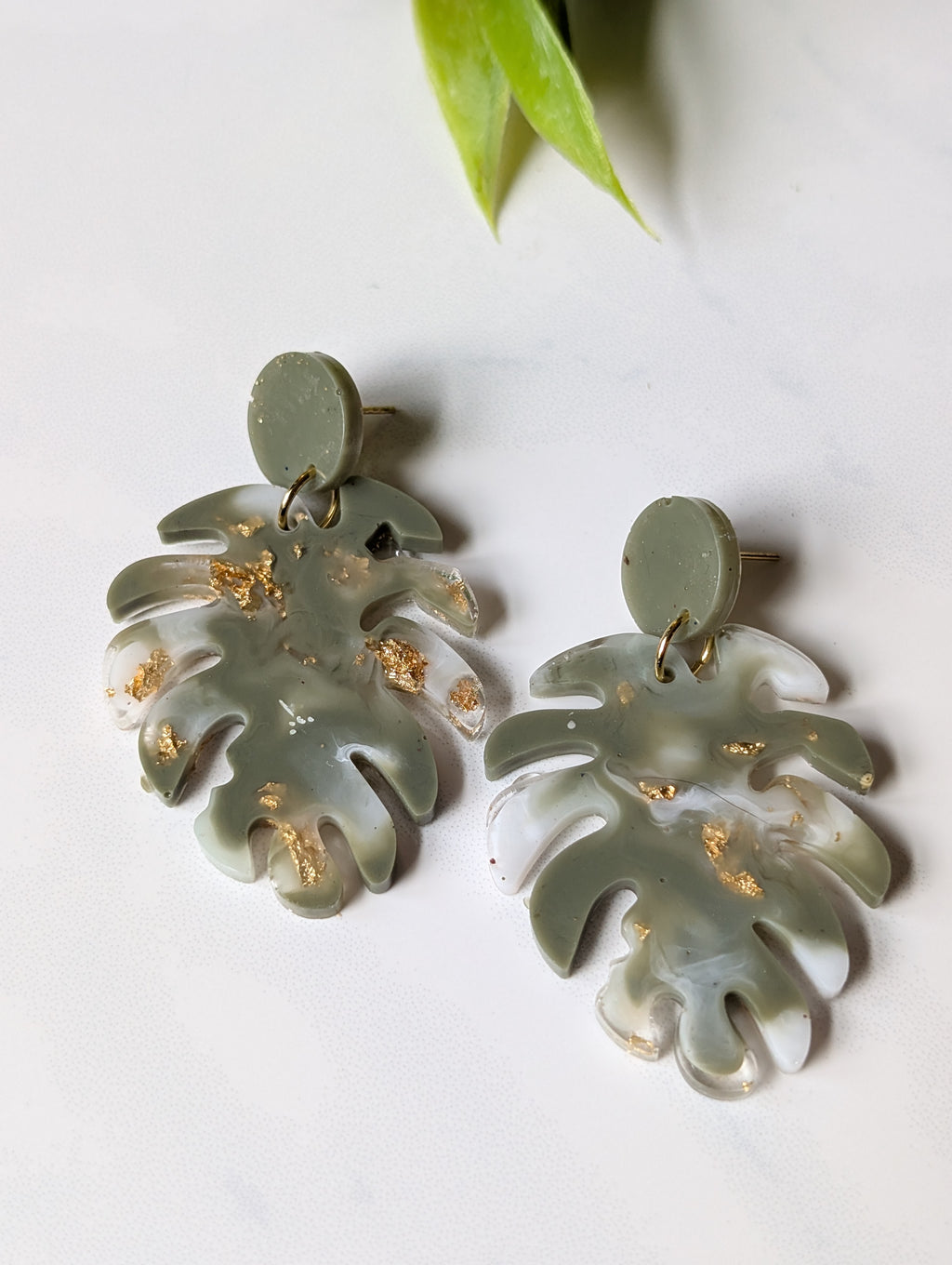 Sage Green Marble Monstera Leaf Earrings | Handmade Polymer Clay & Gold Flake Tropical