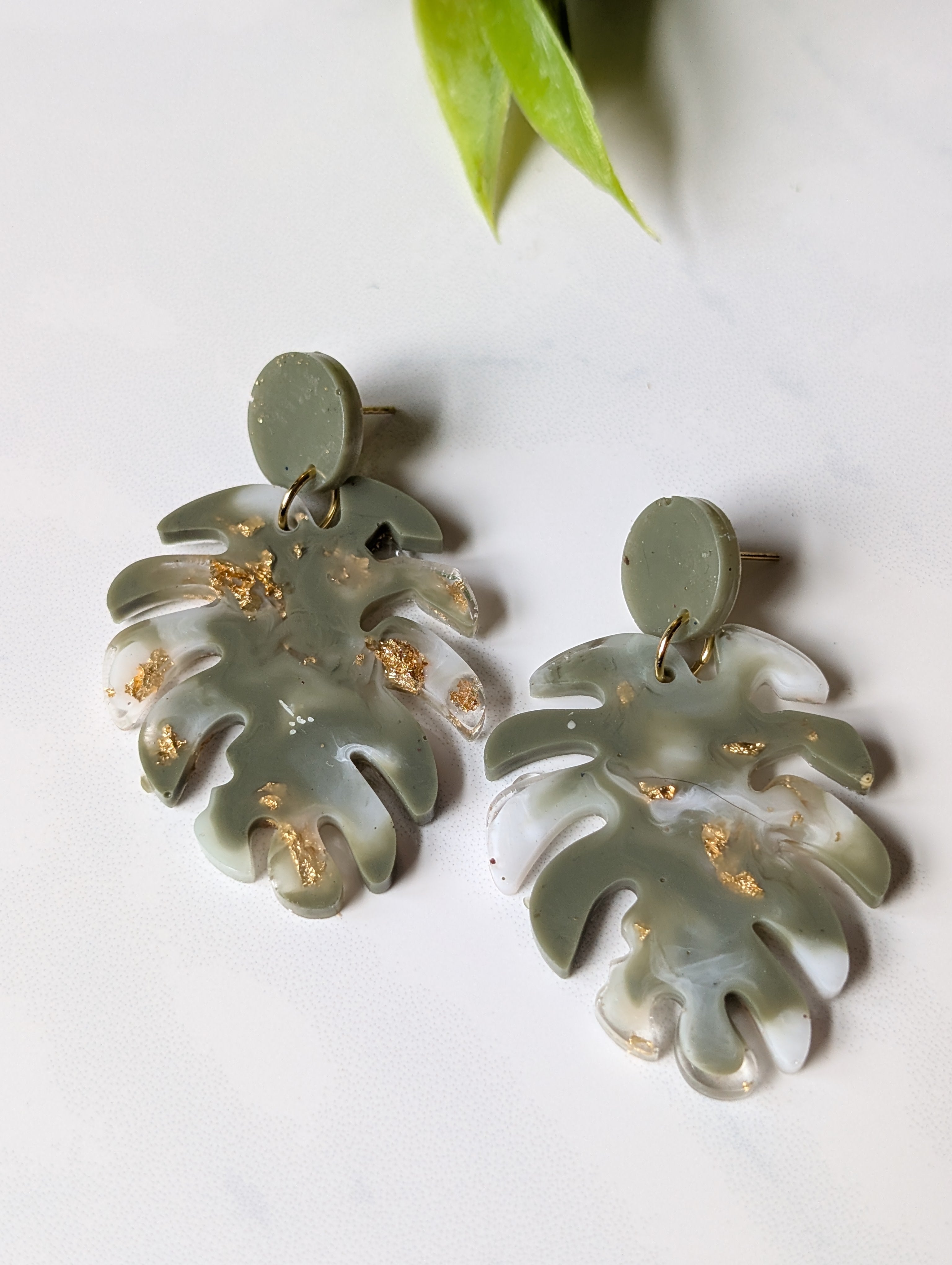 Sage Green Marble Monstera Leaf Earrings | Handmade Polymer Clay & Gold Flake Tropical