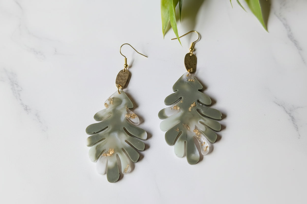 Sage Green Marble Monstera Leaf Earrings