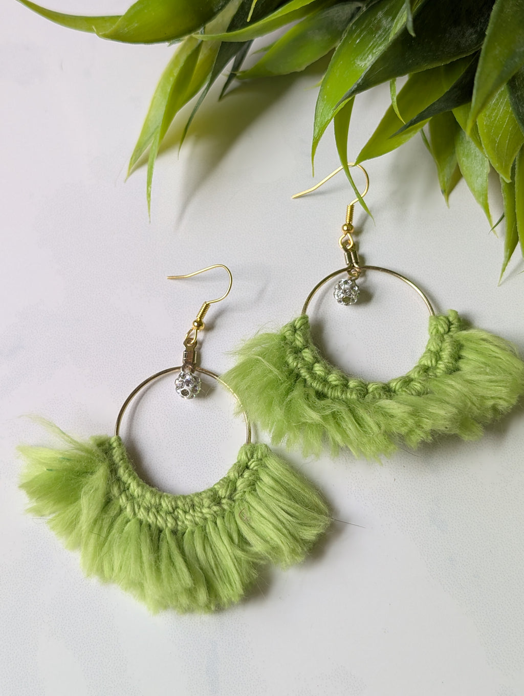 Handmade Lime Green Macrame Fringe Hoop Earrings with Crystal Pave Charm | Boho Fiber Art Jewelry